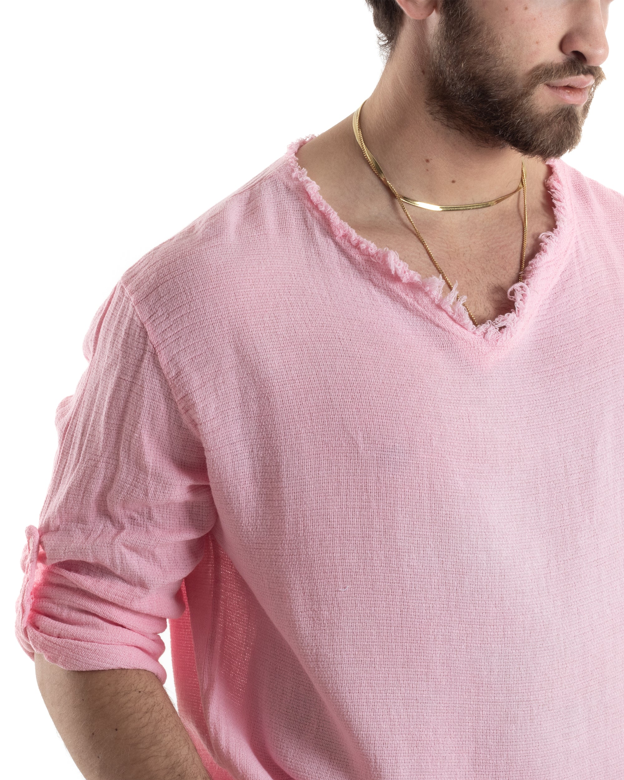 Camicia Uomo Maniche Lunghe Casacca Cotone Lino Scollo V Sfrangiata Regular Fit Rosa Chiaro GIOSAL-C2850A