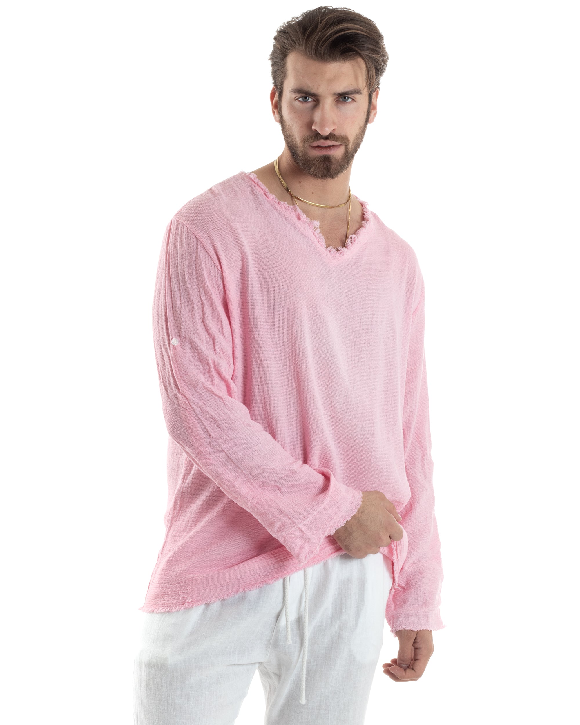 Camicia Uomo Maniche Lunghe Casacca Cotone Lino Scollo V Sfrangiata Regular Fit Rosa Chiaro GIOSAL-C2850A