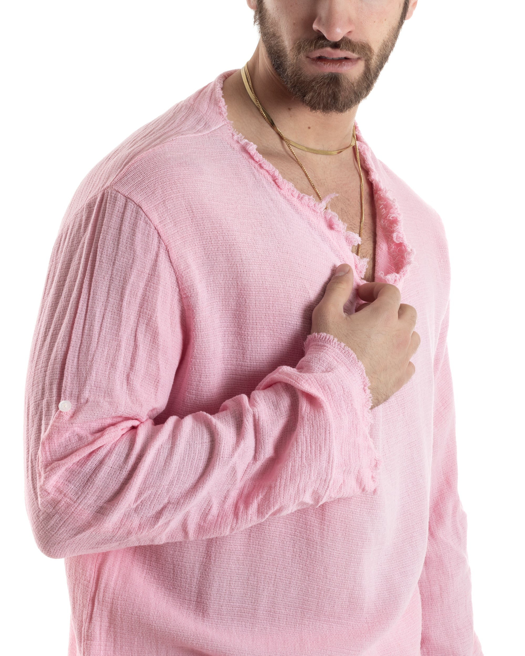 Camicia Uomo Maniche Lunghe Casacca Cotone Lino Scollo V Sfrangiata Regular Fit Rosa Chiaro GIOSAL-C2850A