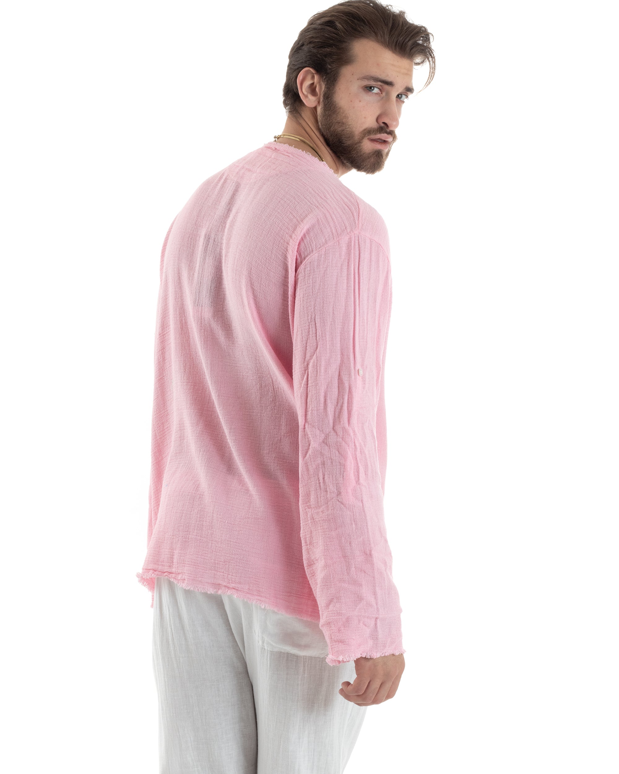Camicia Uomo Maniche Lunghe Casacca Cotone Lino Scollo V Sfrangiata Regular Fit Rosa Chiaro GIOSAL-C2850A