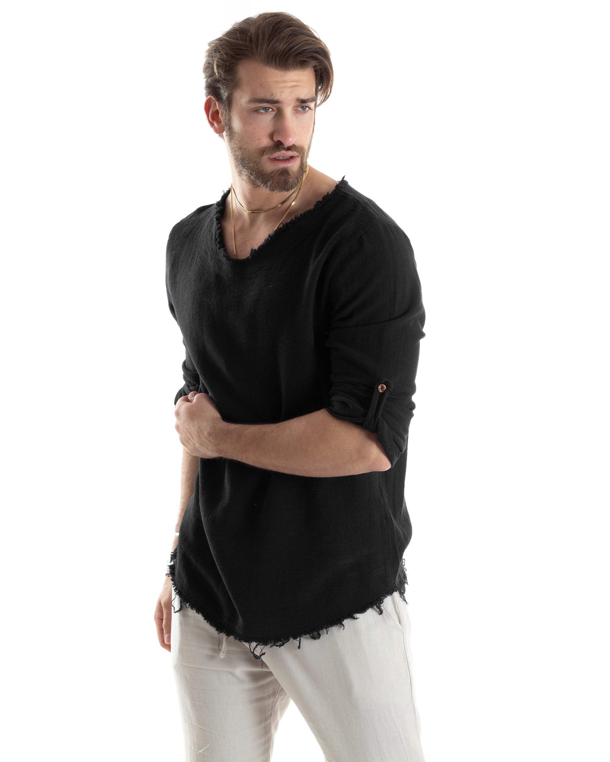 Camicia Uomo Maniche Lunghe Casacca Cotone Lino Scollo V Sfrangiata Regular Fit Nero GIOSAL-C2851A