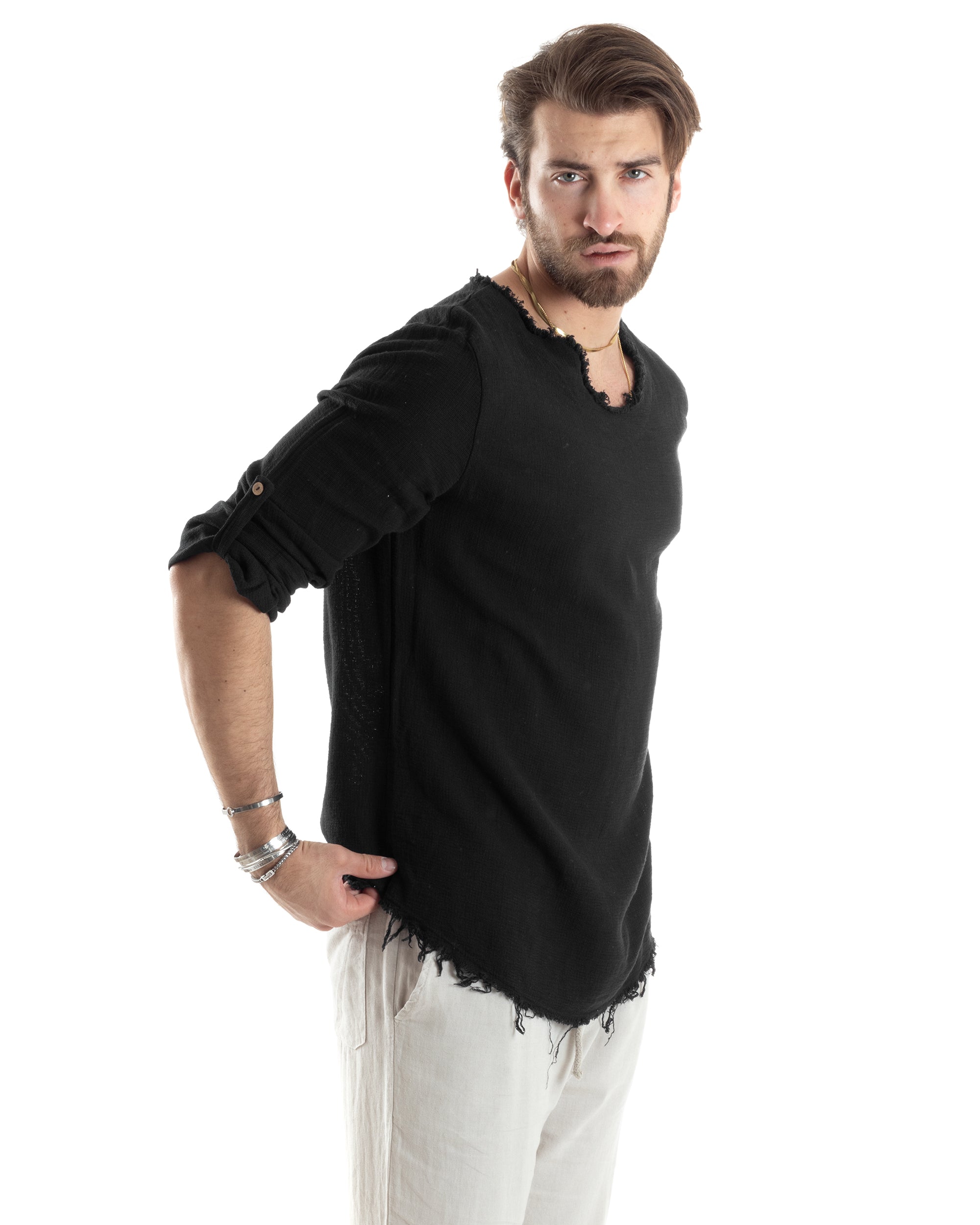 Camicia Uomo Maniche Lunghe Casacca Cotone Lino Scollo V Sfrangiata Regular Fit Nero GIOSAL-C2851A