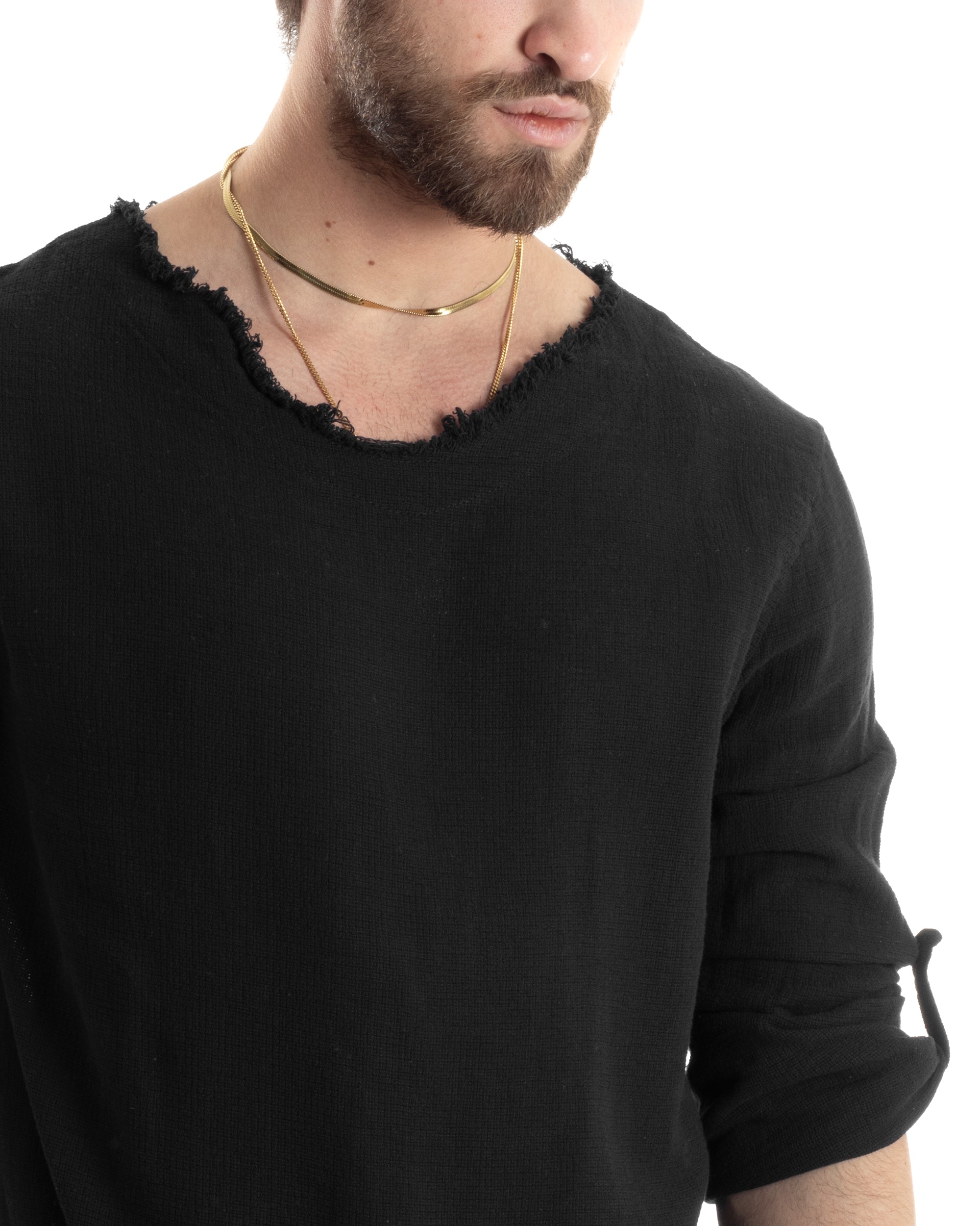 Camicia Uomo Maniche Lunghe Casacca Cotone Lino Scollo V Sfrangiata Regular Fit Nero GIOSAL-C2851A