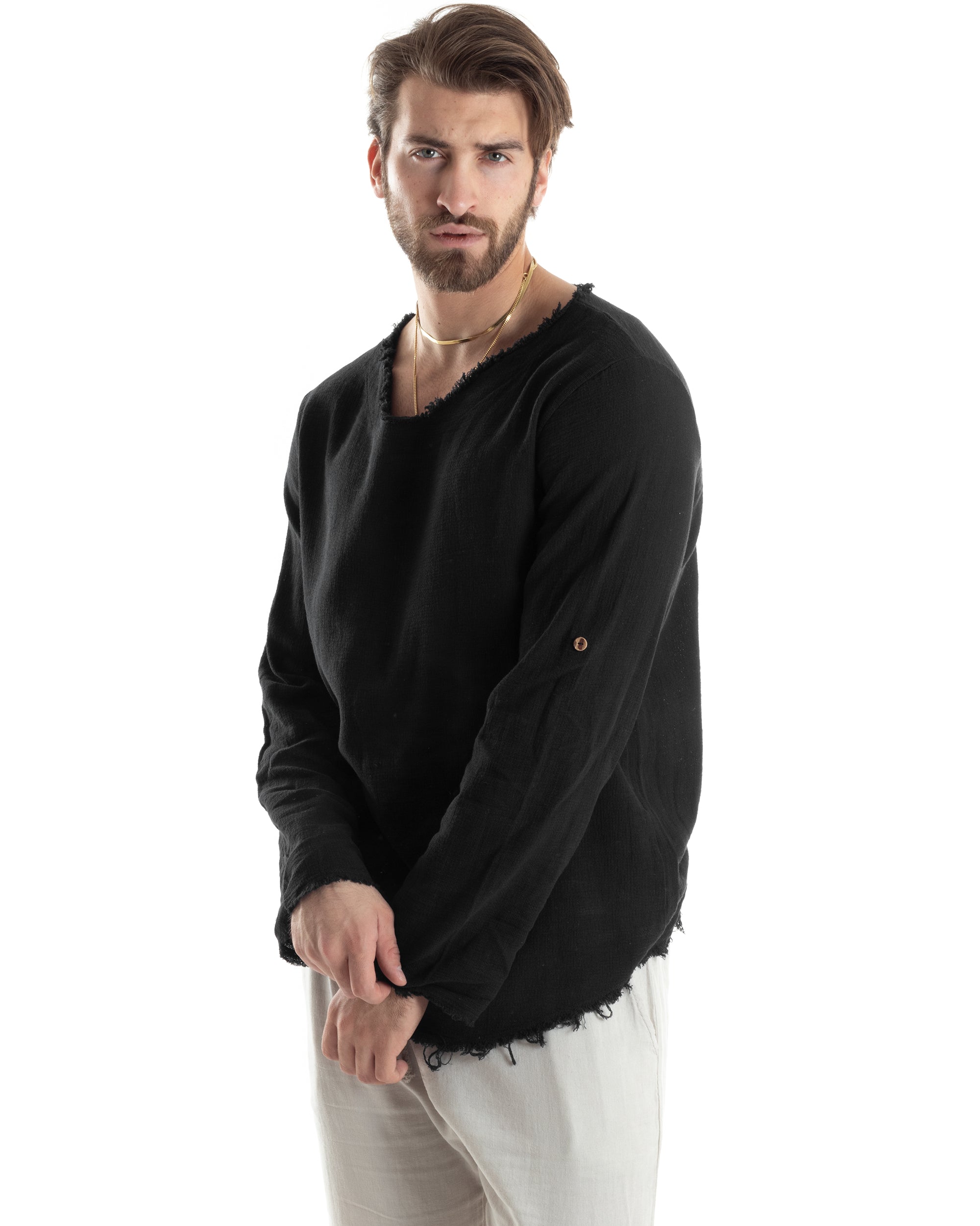 Camicia Uomo Maniche Lunghe Casacca Cotone Lino Scollo V Sfrangiata Regular Fit Nero GIOSAL-C2851A