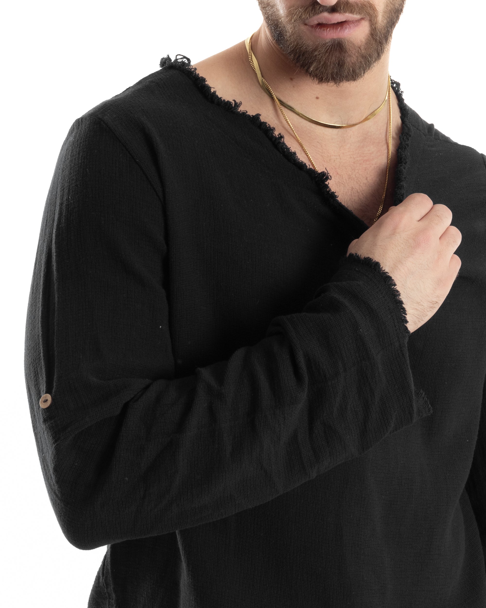 Camicia Uomo Maniche Lunghe Casacca Cotone Lino Scollo V Sfrangiata Regular Fit Nero GIOSAL-C2851A