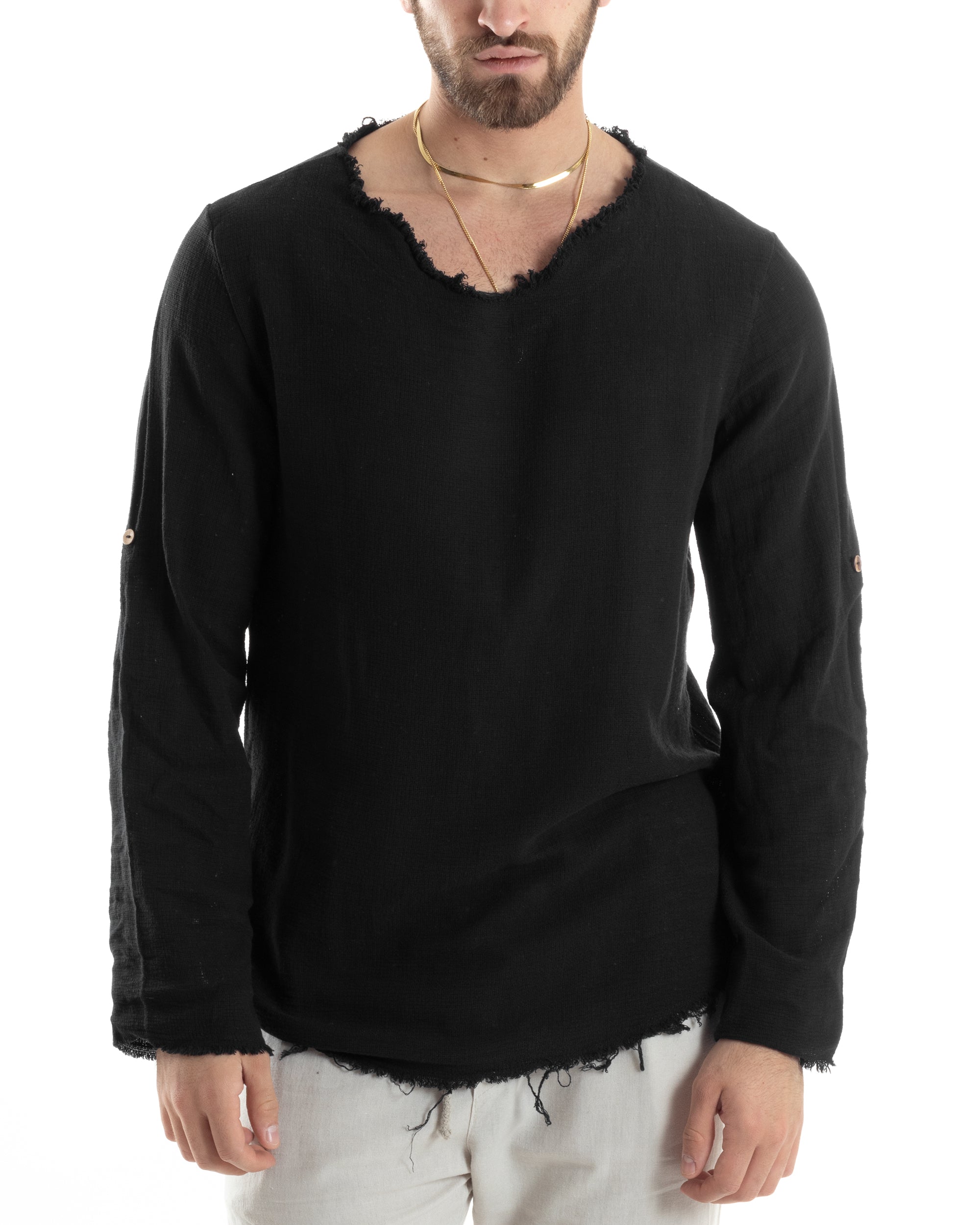 Camicia Uomo Maniche Lunghe Casacca Cotone Lino Scollo V Sfrangiata Regular Fit Nero GIOSAL-C2851A