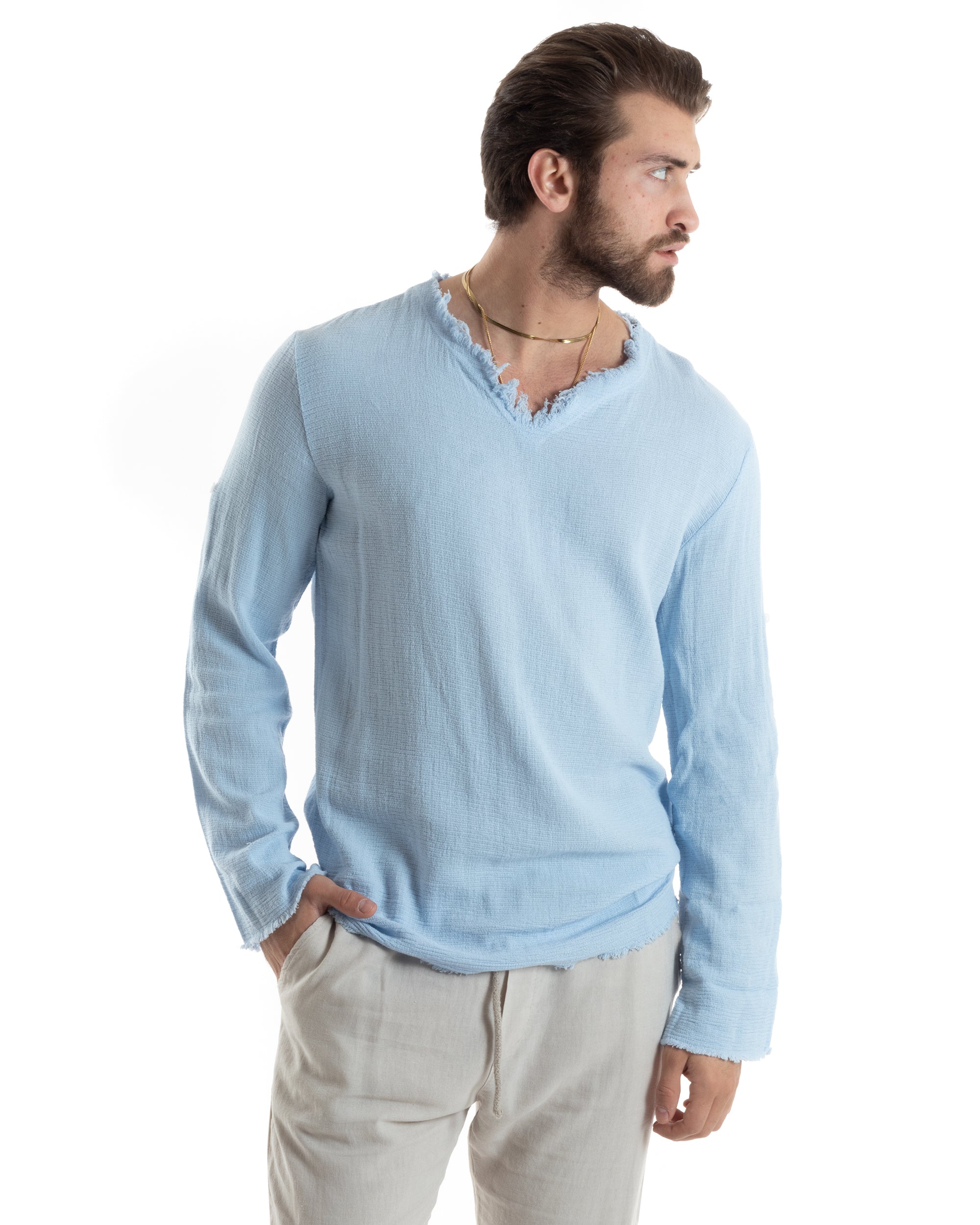 Camicia Uomo Maniche Lunghe Casacca Cotone Lino Scollo V Sfrangiata Regular Fit Celeste GIOSAL-C2852A
