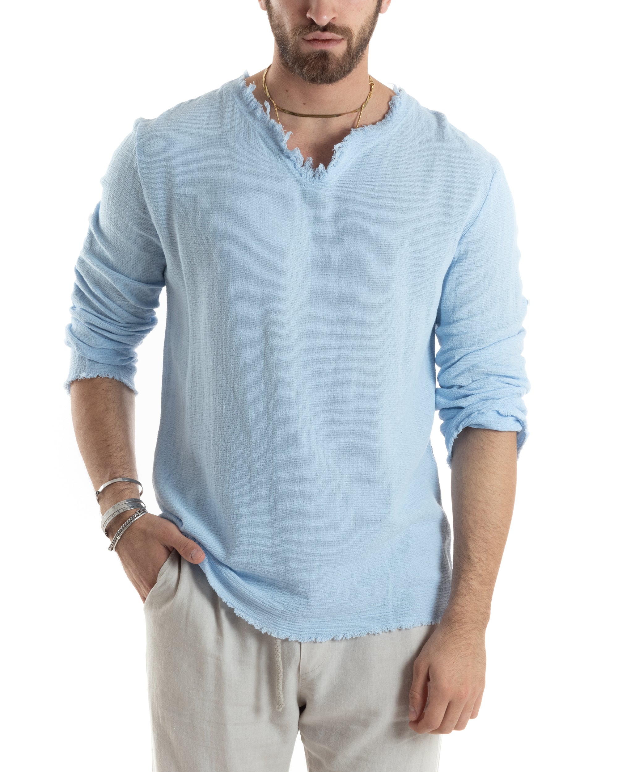 Camicia Uomo Maniche Lunghe Casacca Cotone Lino Scollo V Sfrangiata Regular Fit Celeste GIOSAL-C2852A