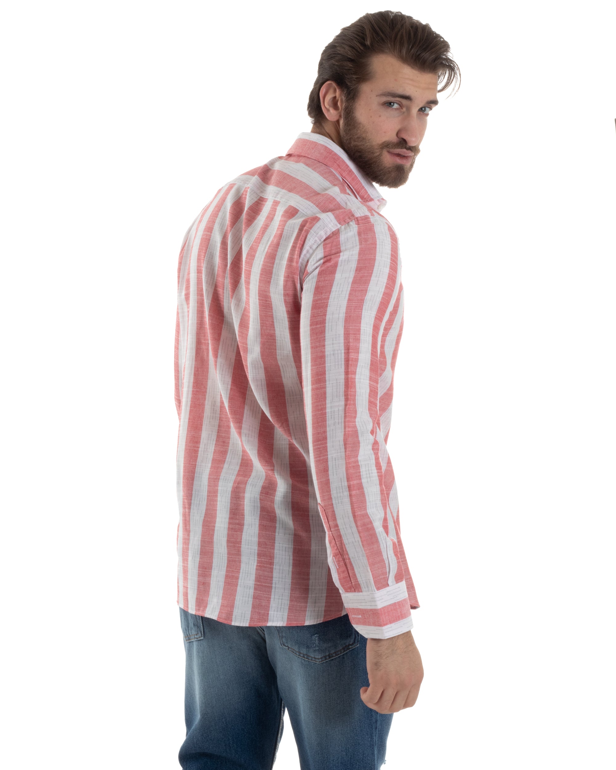 Camicia Uomo Manica Lunga A Righe Lino Collo Francese Regular Fit Riga Larga Rosso GIOSAL-C2854A