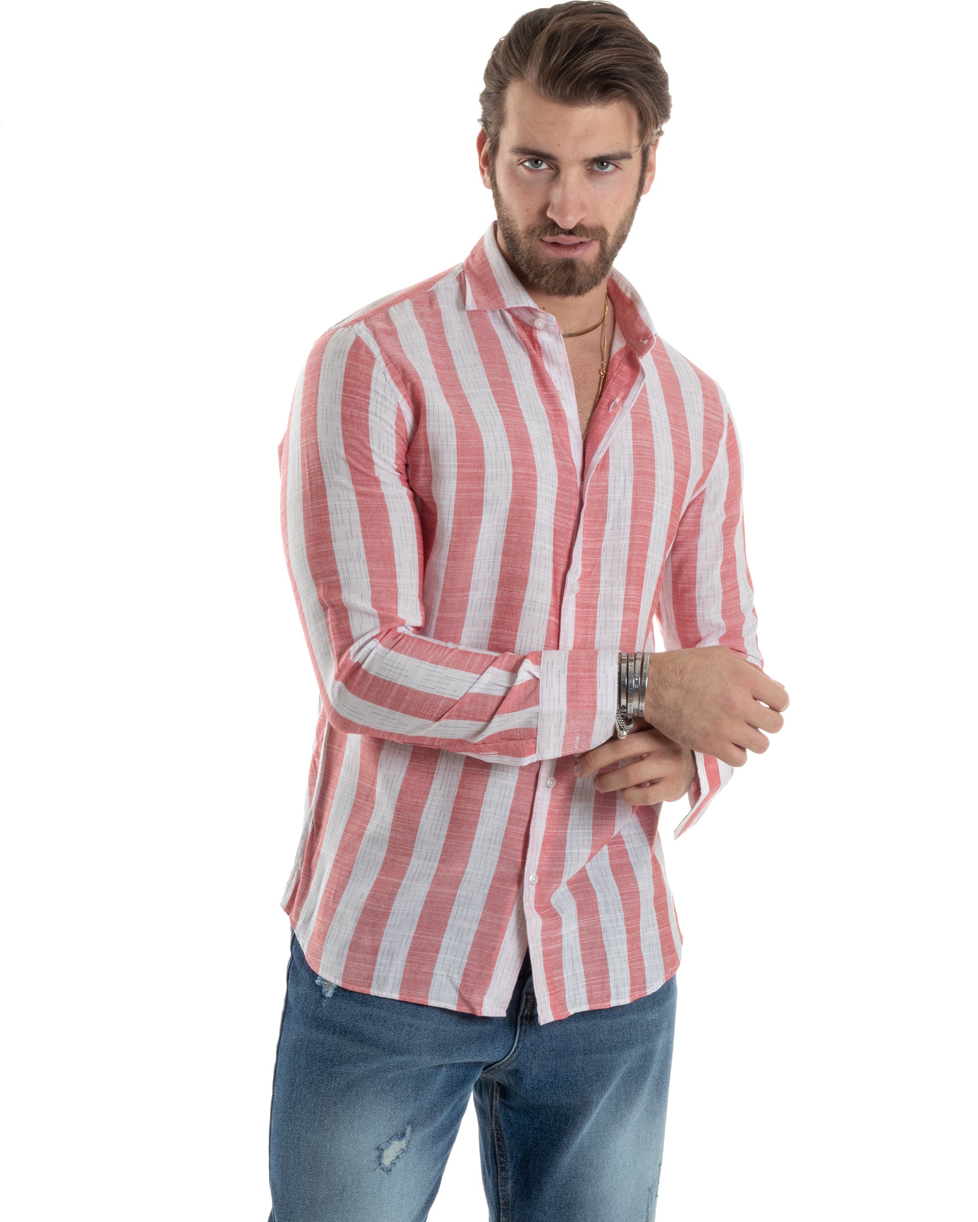 Camicia Uomo Manica Lunga A Righe Lino Collo Francese Regular Fit Riga Larga Rosso GIOSAL-C2854A