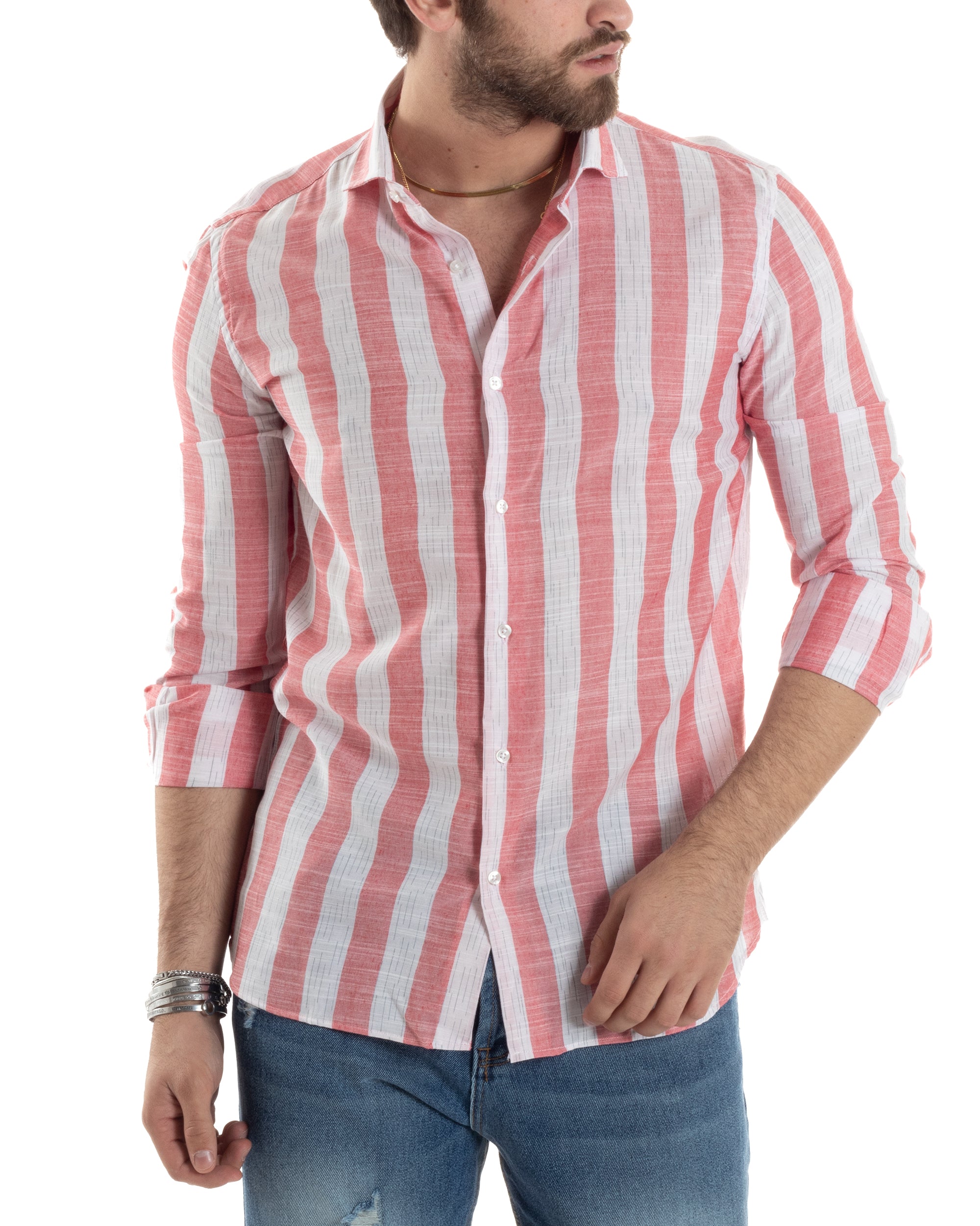 Camicia Uomo Manica Lunga A Righe Lino Collo Francese Regular Fit Riga Larga Rosso GIOSAL-C2854A