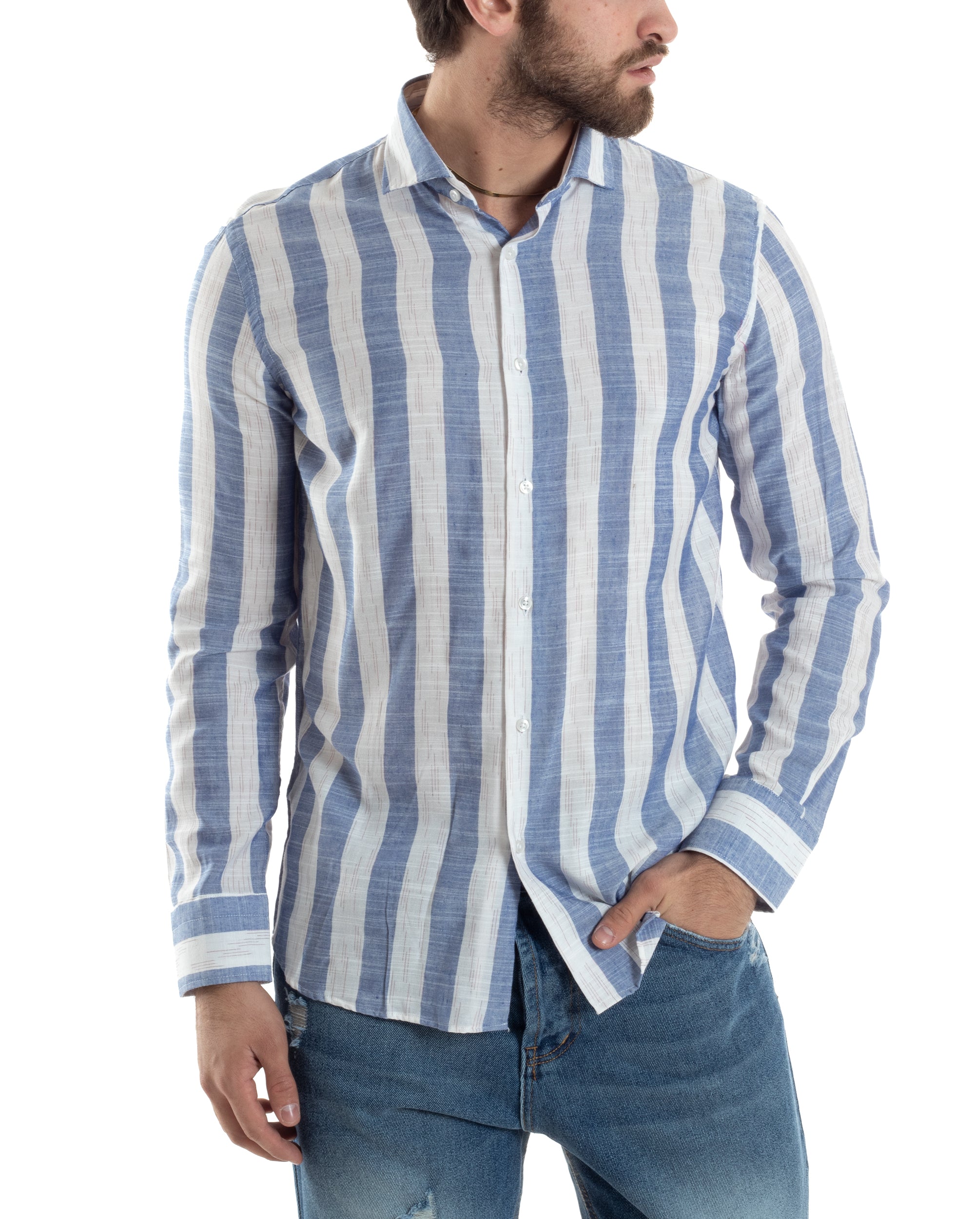 Camicia Uomo Manica Lunga A Righe Lino Collo Francese Regular Fit Riga