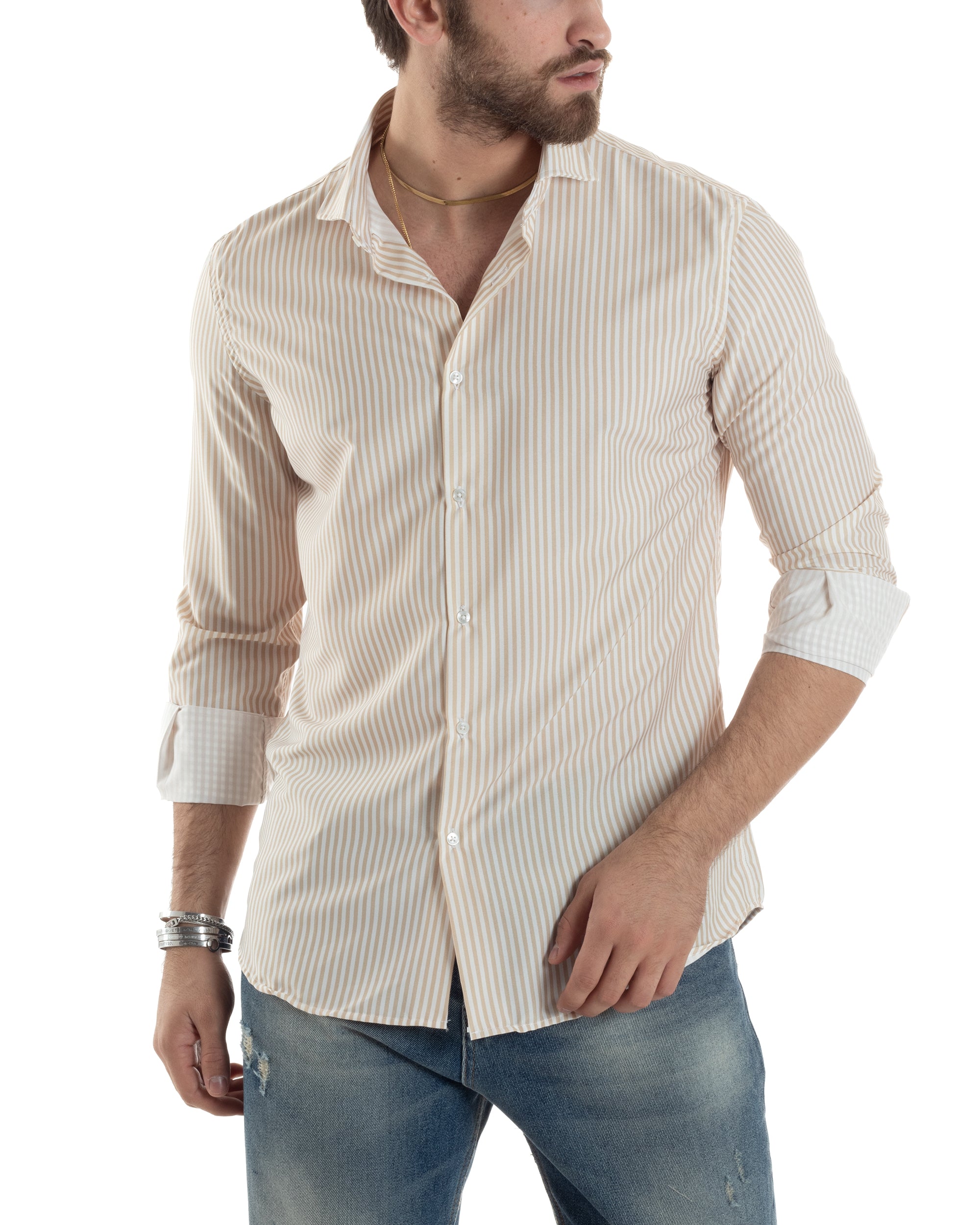 Camicia Uomo Maniche Lunghe Collo Francese Con Colletto Viscosa Regular Fit Riga Stretta Beige GIOSAL-C2856A
