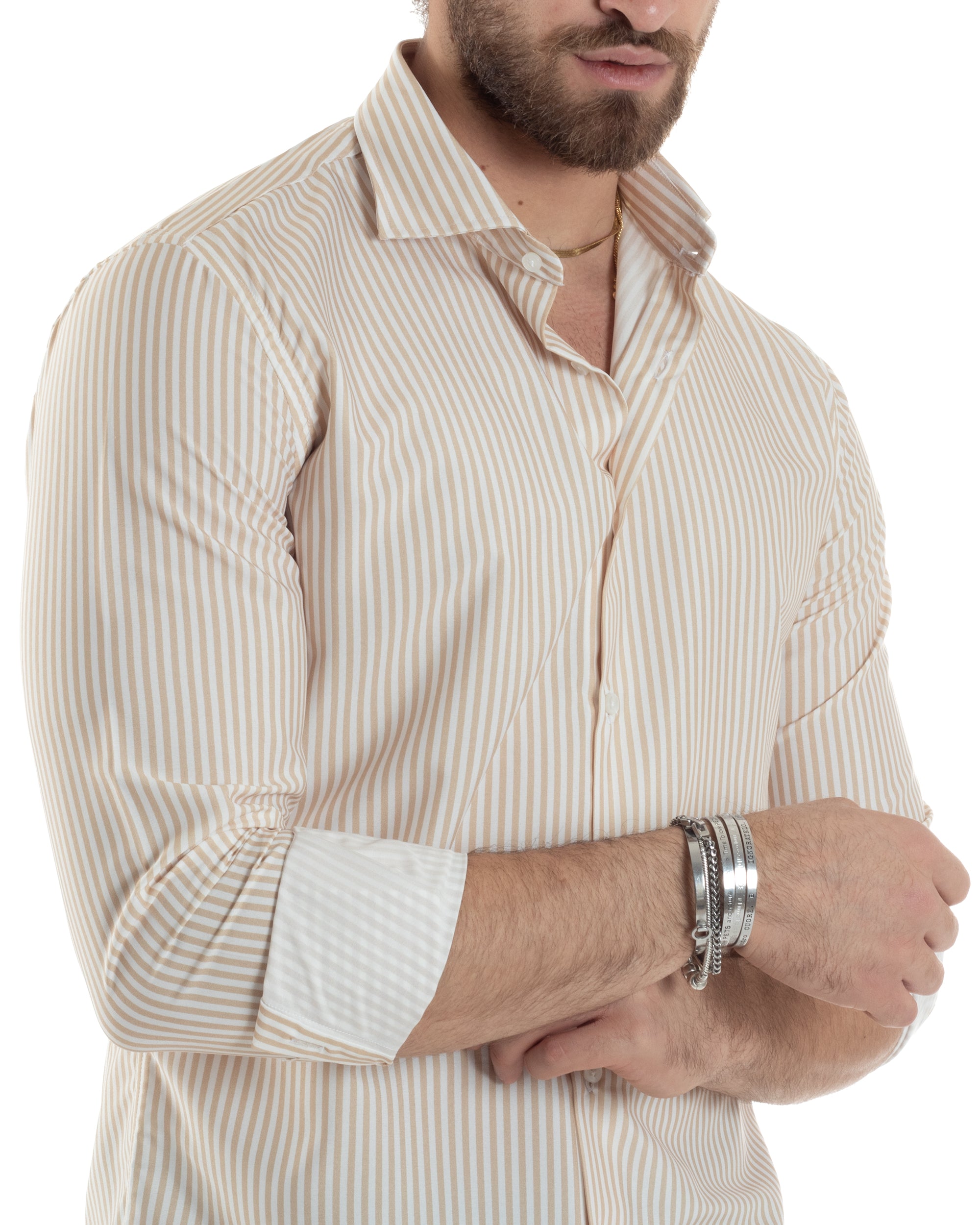 Camicia Uomo Maniche Lunghe Collo Francese Con Colletto Viscosa Regular Fit Riga Stretta Beige GIOSAL-C2856A