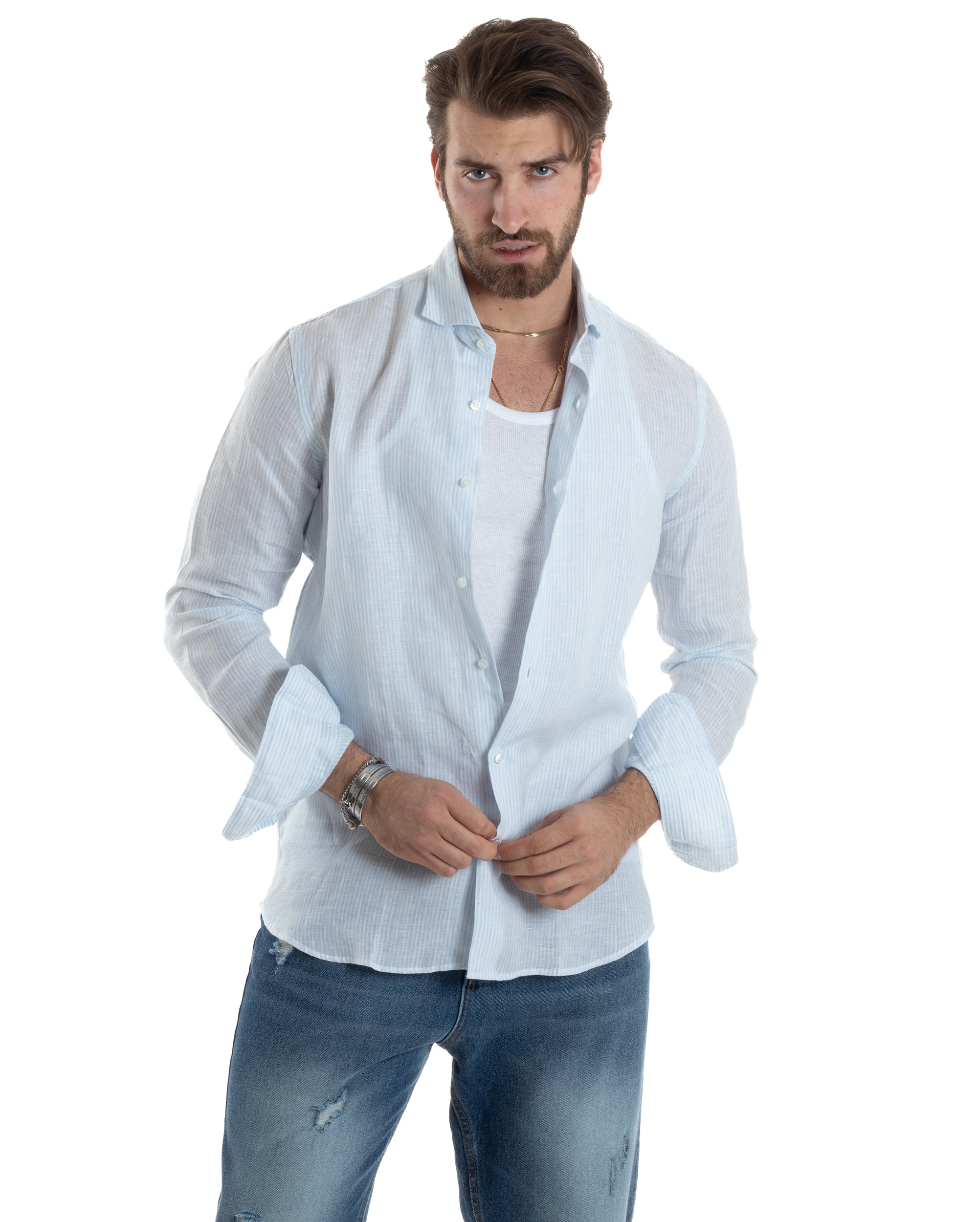 Camicia Uomo Lino Collo Francese Con Colletto Maniche Lunghe Regular Fit Riga Stretta Celeste GIOSAL-C2857A