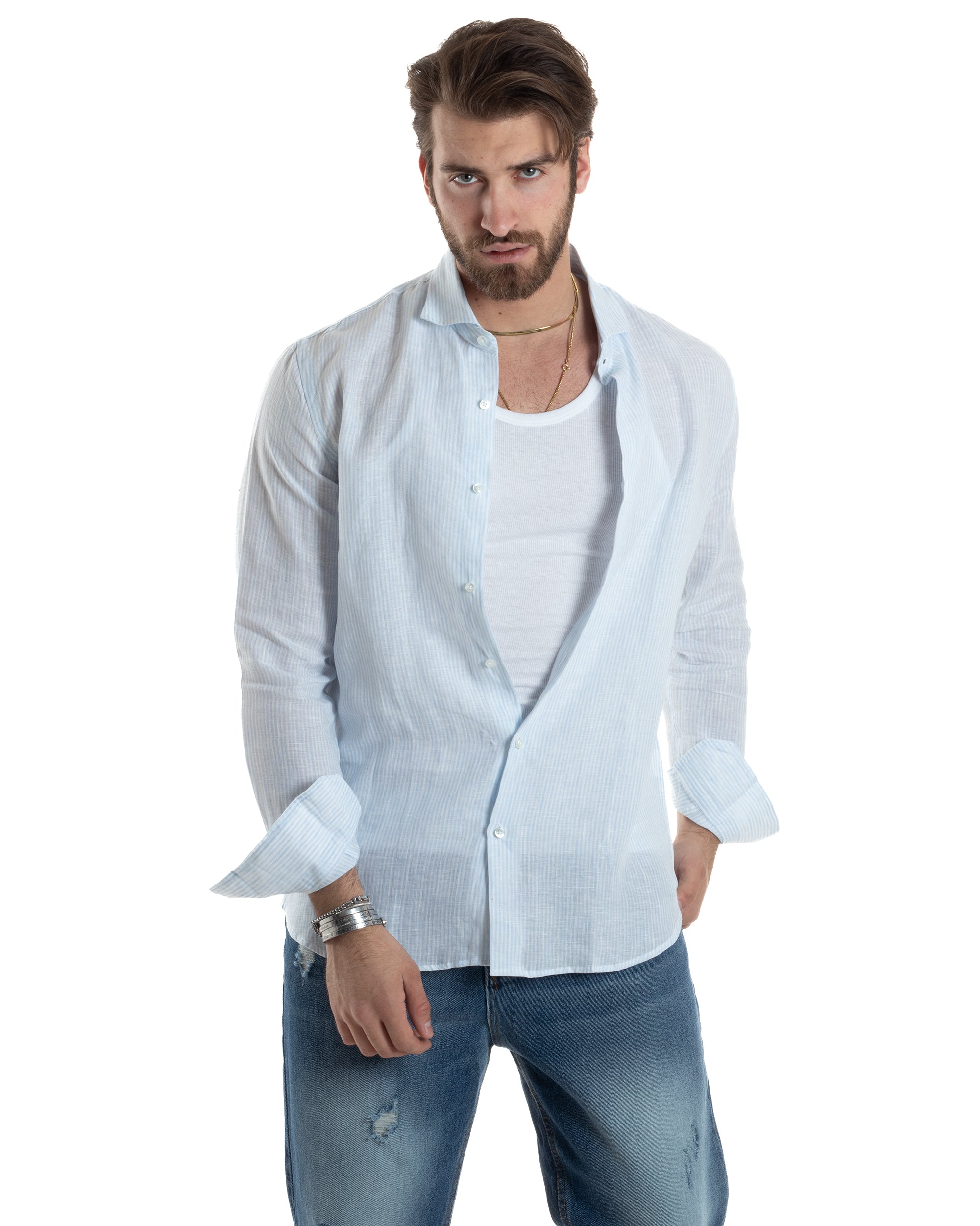 Camicia Uomo Lino Collo Francese Con Colletto Maniche Lunghe Regular Fit Riga Stretta Celeste GIOSAL-C2857A