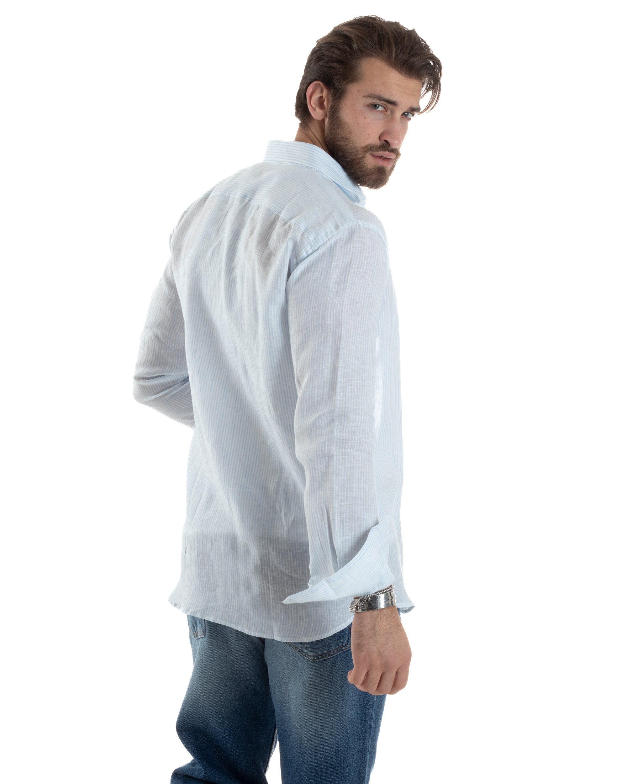 Camicia Uomo Lino Collo Francese Con Colletto Maniche Lunghe Regular Fit Riga Stretta Celeste GIOSAL-C2857A