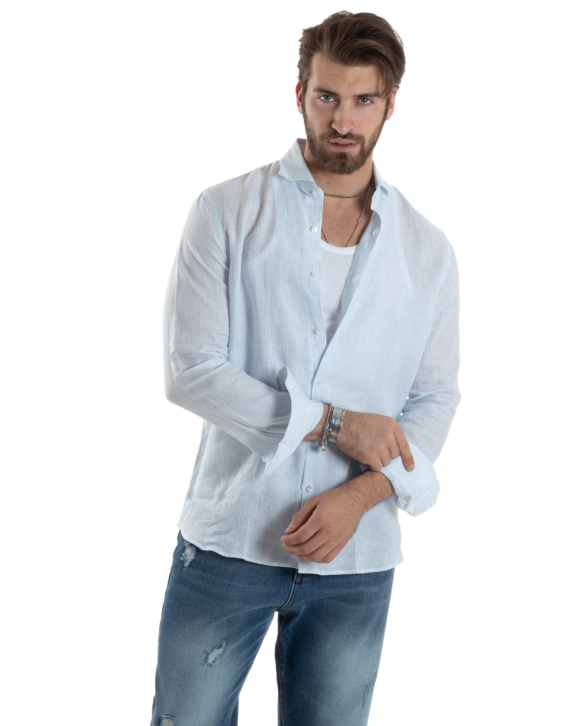 Camicia Uomo Lino Collo Francese Con Colletto Maniche Lunghe Regular Fit Riga Stretta Celeste GIOSAL-C2857A