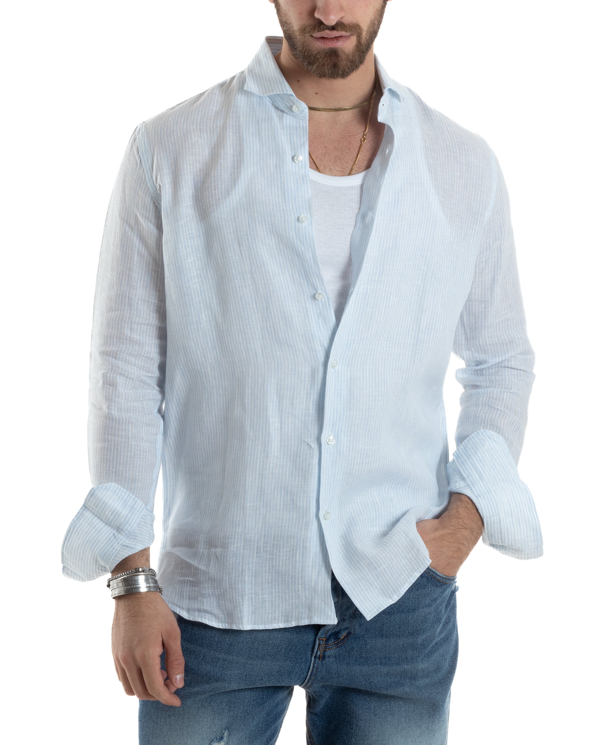 Camicia Uomo Lino Collo Francese Con Colletto Maniche Lunghe Regular Fit Riga Stretta Celeste GIOSAL-C2857A