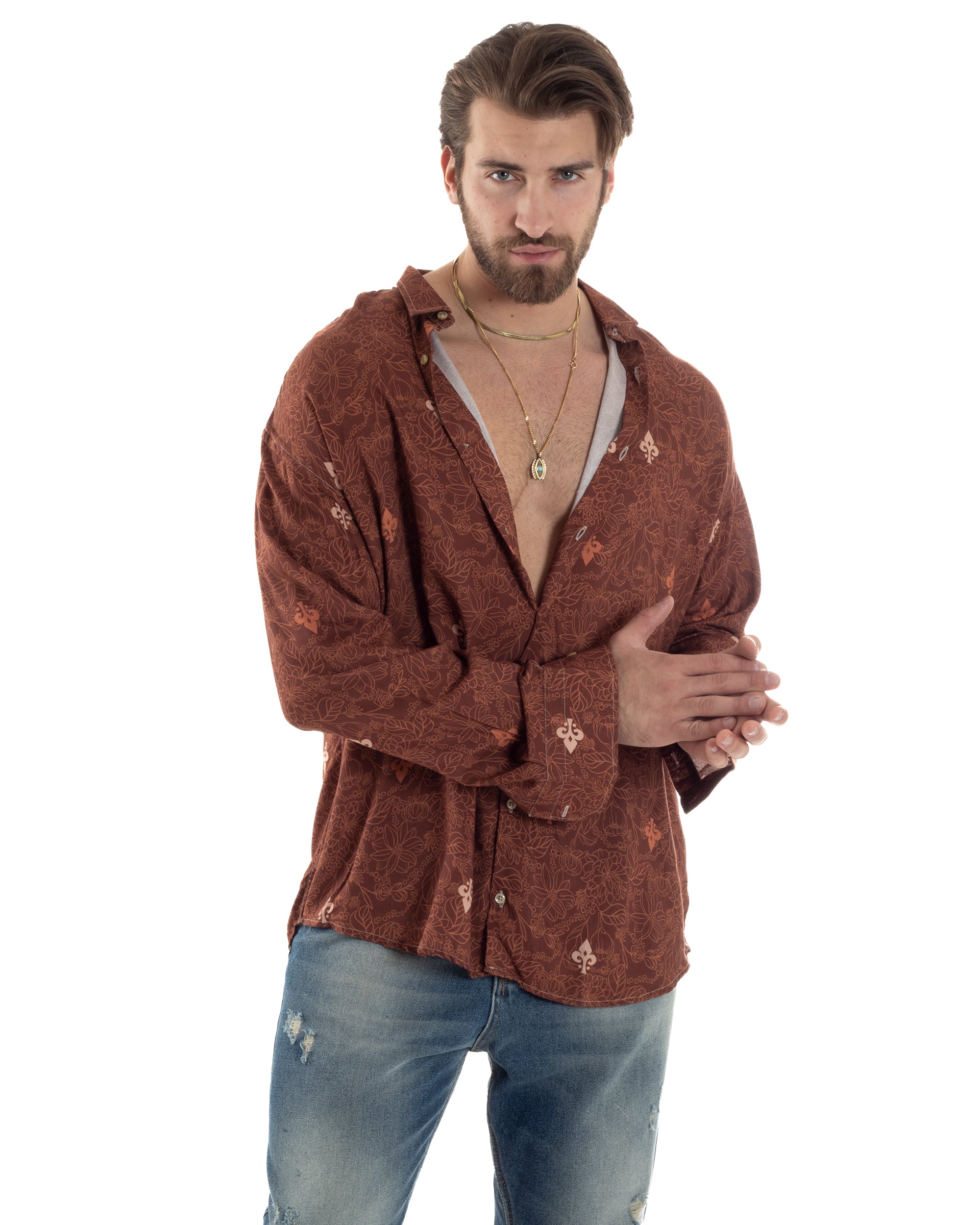 Camicia Uomo Con Colletto Maniche Lunghe Floreale Regular Fit Viscosa Morbida Comoda Oversize GIOSAL-C2858A