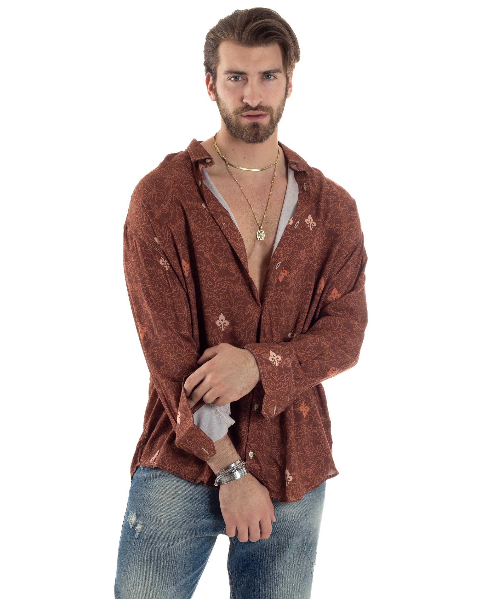 Camicia Uomo Con Colletto Maniche Lunghe Floreale Regular Fit Viscosa Morbida Comoda Oversize GIOSAL-C2858A