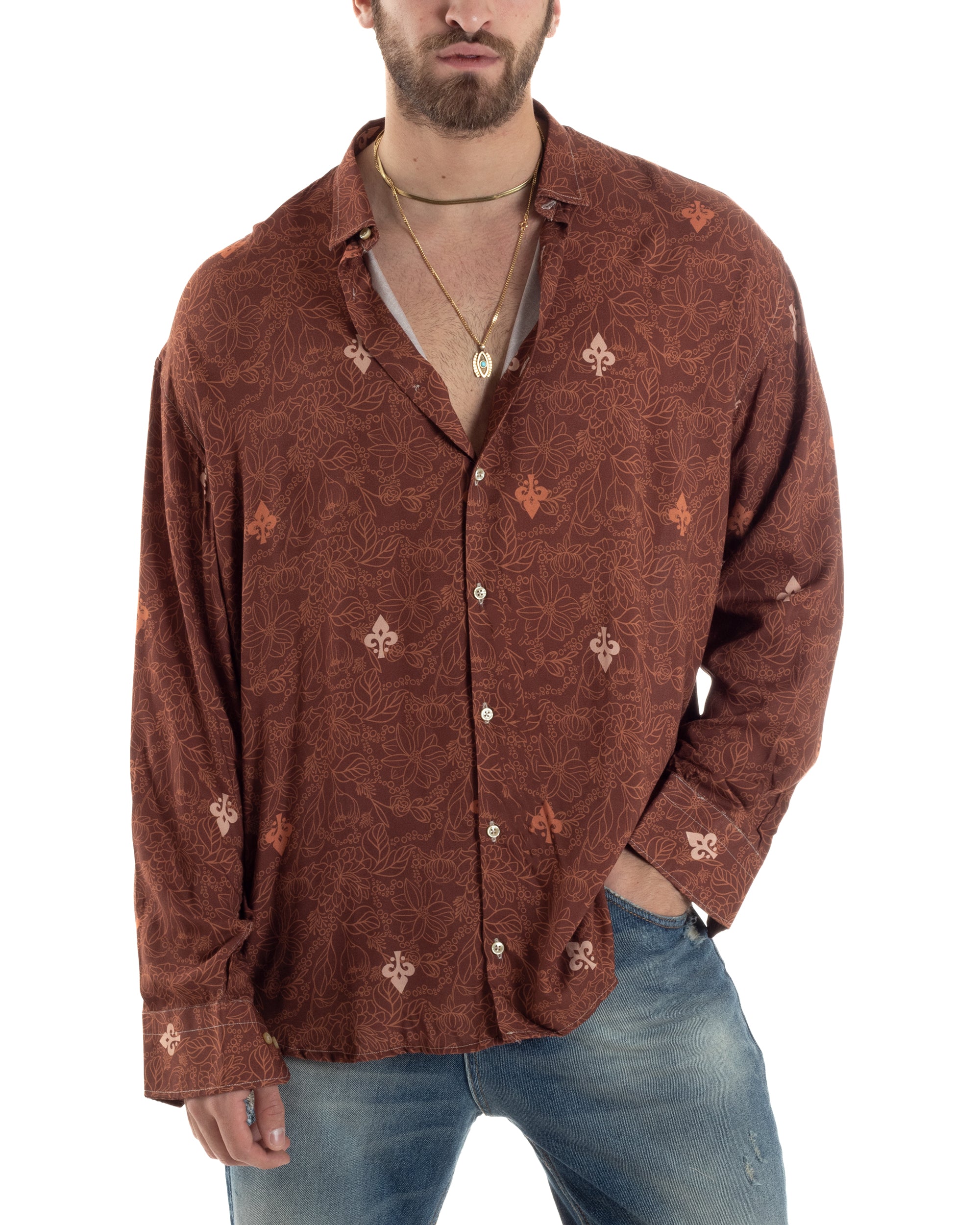 Camicia Uomo Con Colletto Maniche Lunghe Floreale Regular Fit Viscosa Morbida Comoda Oversize GIOSAL-C2858A