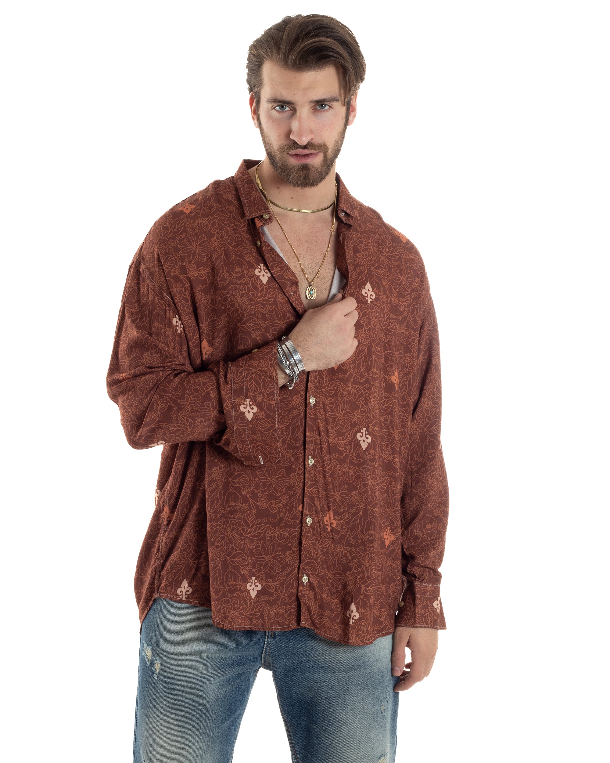 Camicia Uomo Con Colletto Maniche Lunghe Floreale Regular Fit Viscosa Morbida Comoda Oversize GIOSAL-C2858A