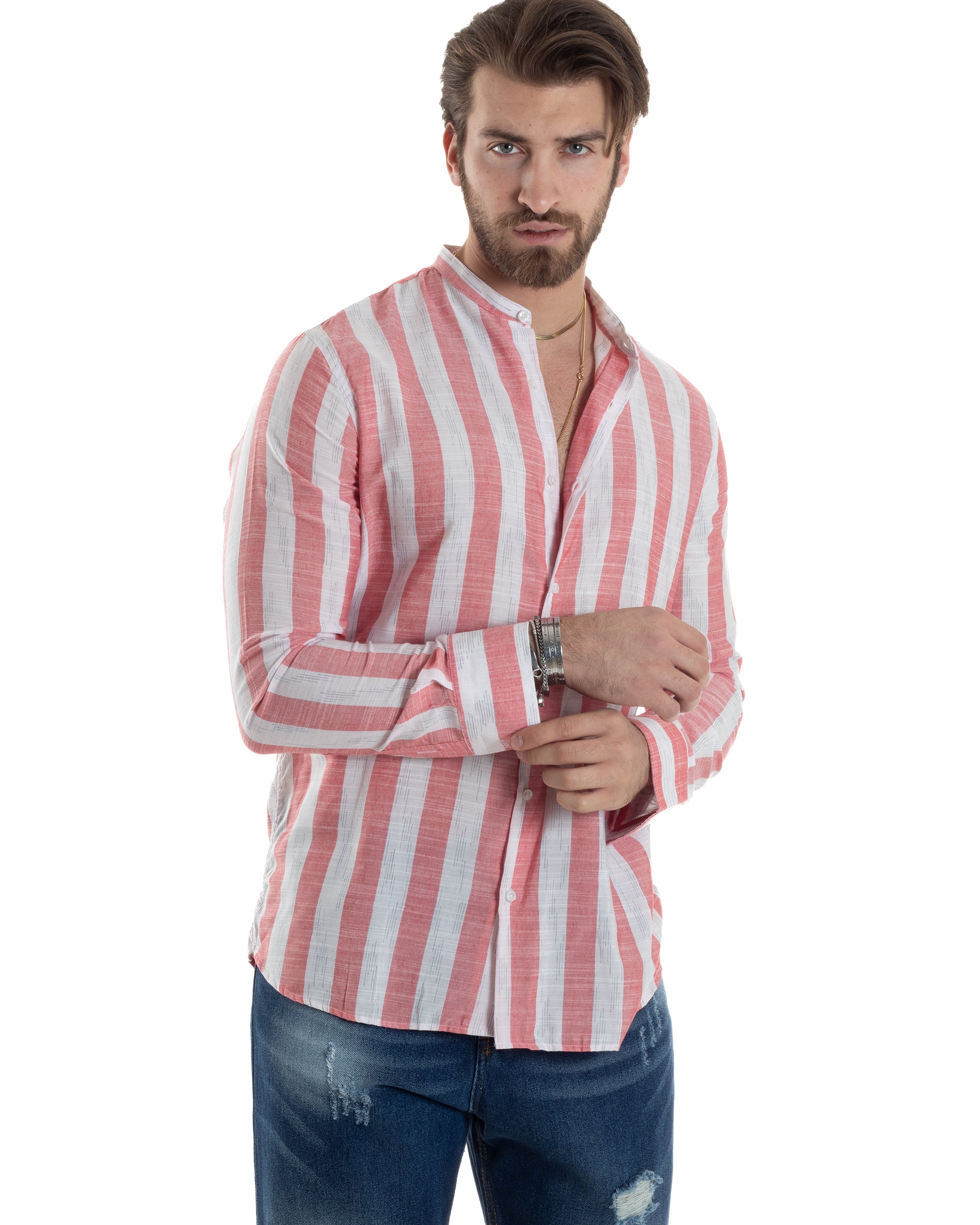 Camicia Uomo Manica Lunga A Righe Lino Collo Coreano Regular Fit Riga Larga Rosso GIOSAL-C2860A