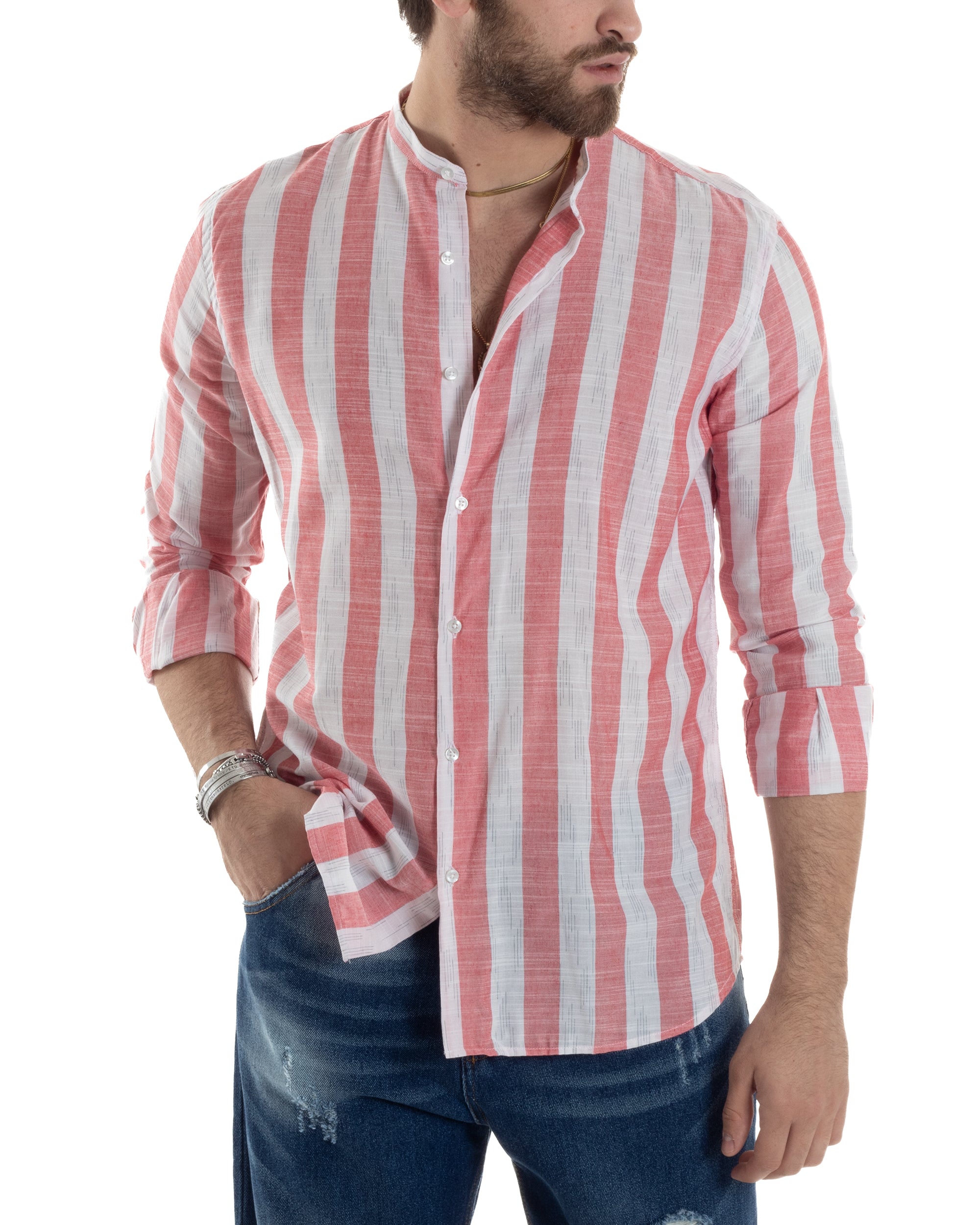 Camicia Uomo Manica Lunga A Righe Lino Collo Coreano Regular Fit Riga Larga Rosso GIOSAL-C2860A