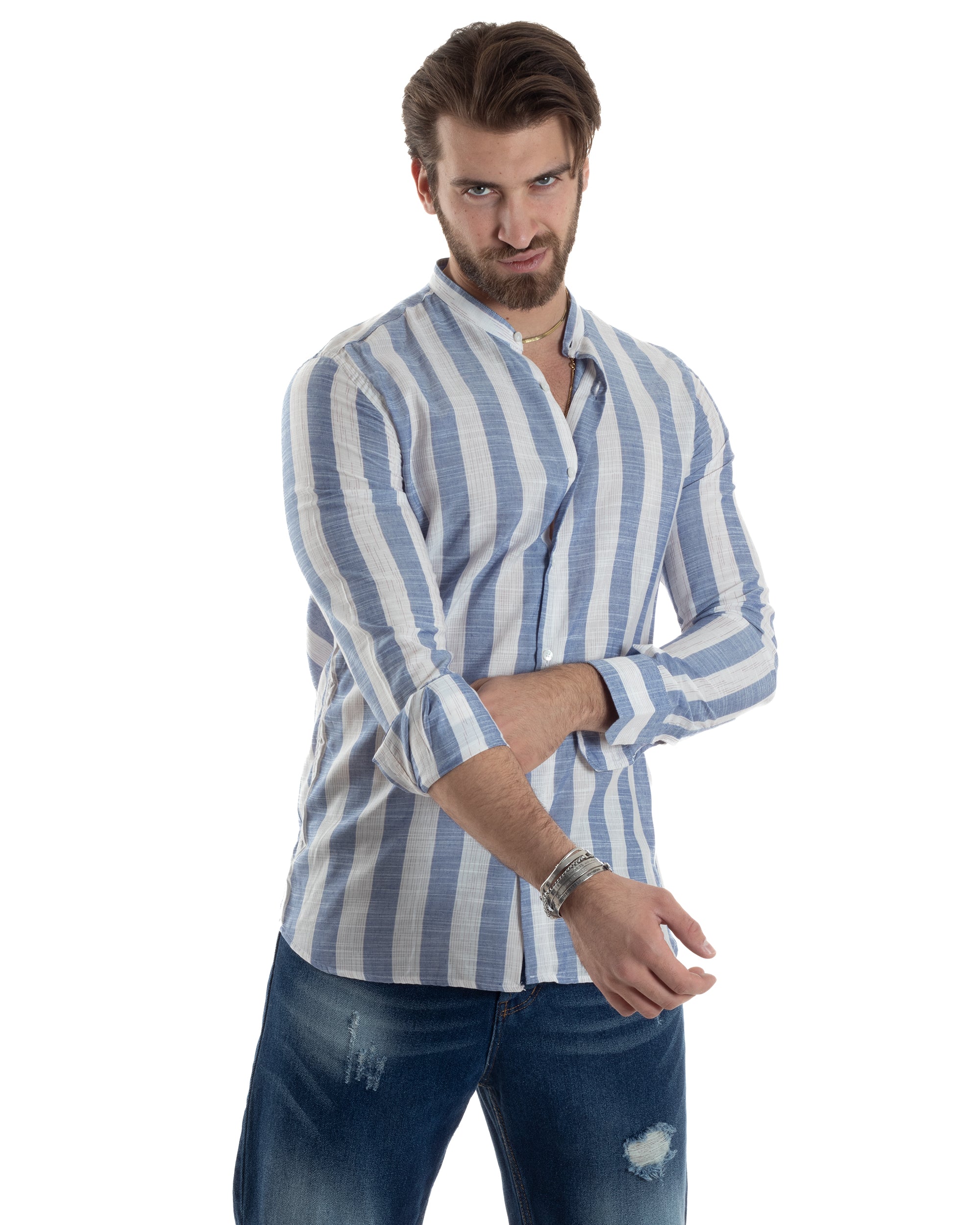 Camicia Uomo Manica Lunga A Righe Lino Collo Coreano Regular Fit Riga Larga Blu GIOSAL-C2861A