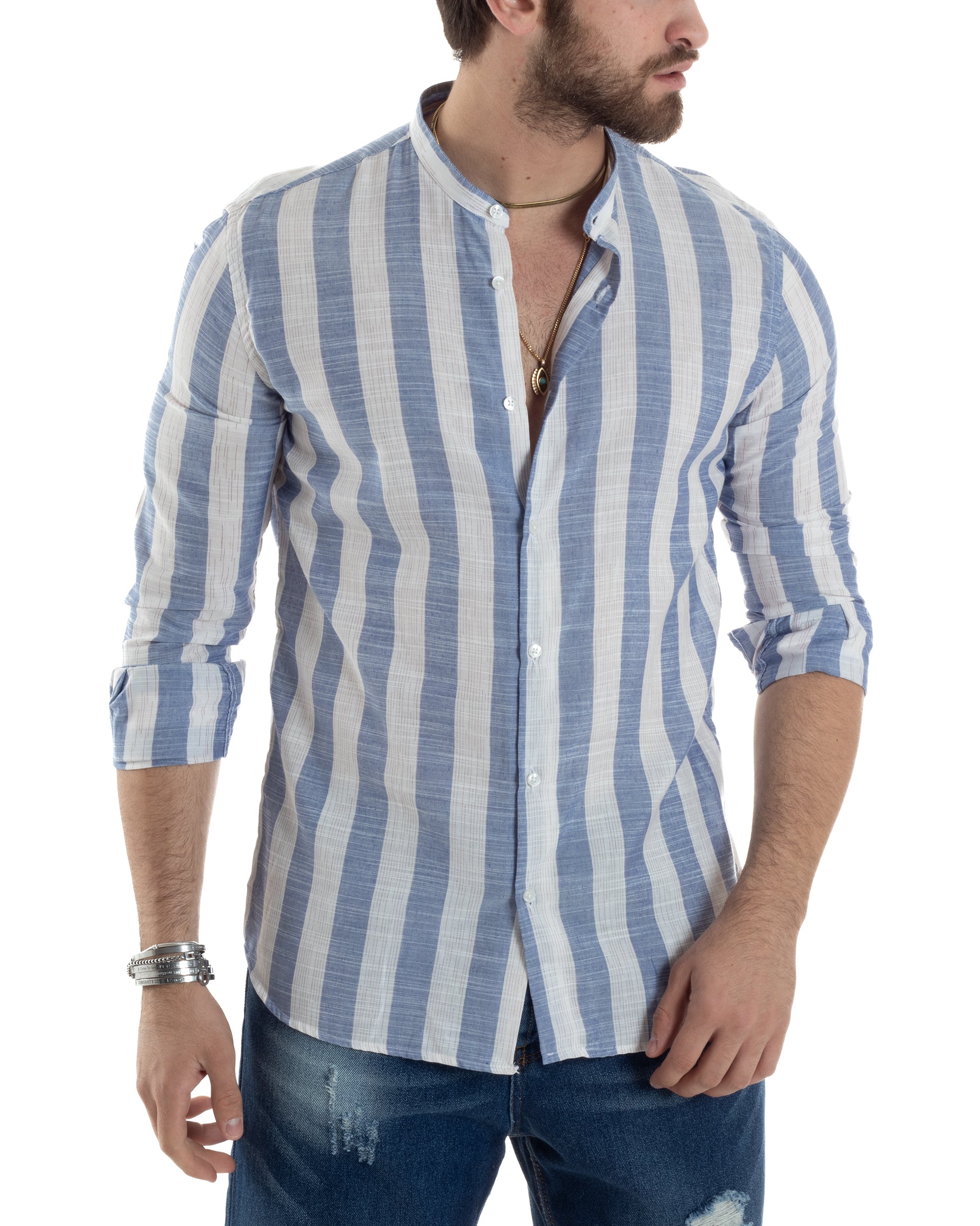 Camicia Uomo Manica Lunga A Righe Lino Collo Coreano Regular Fit Riga