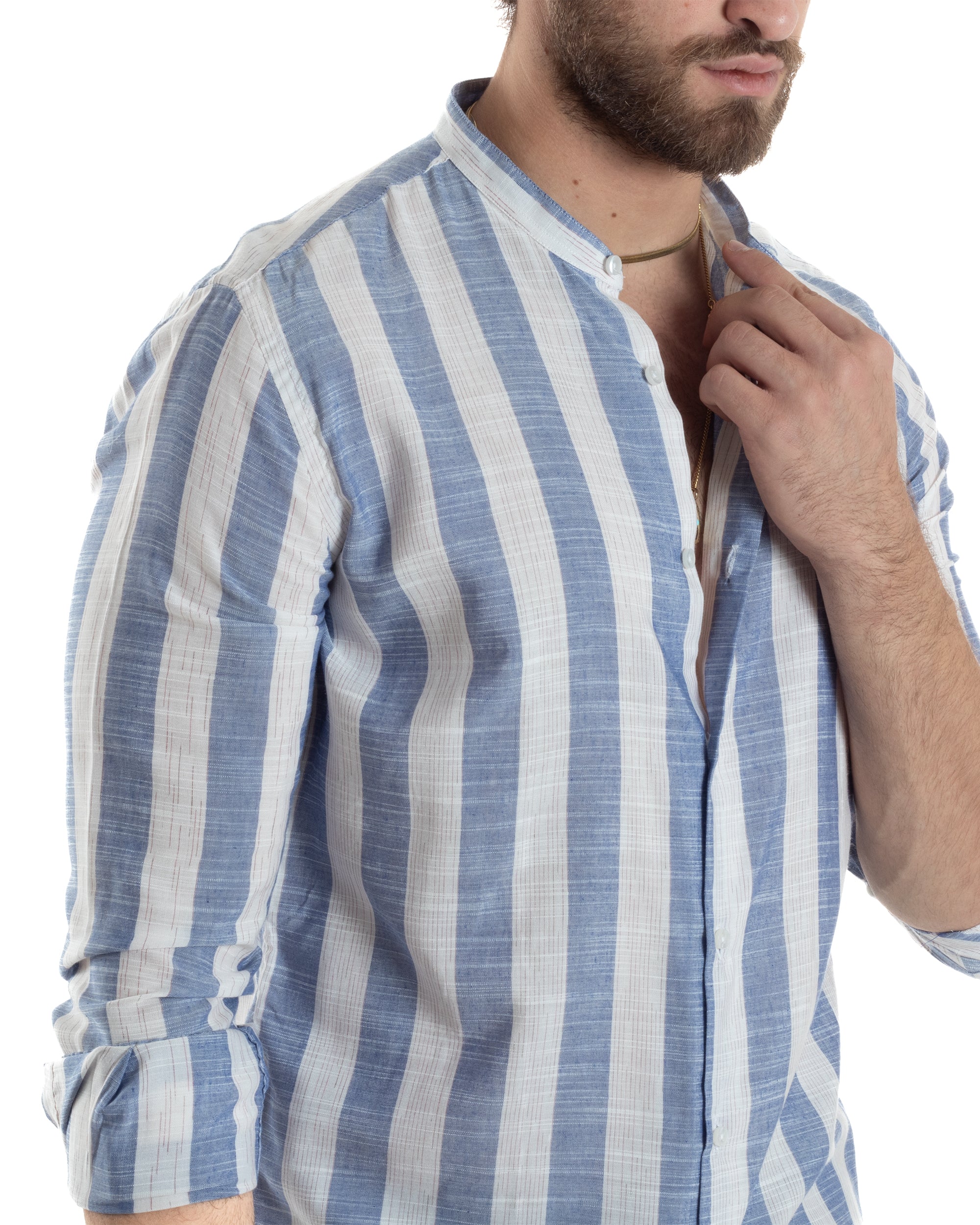 Camicia Uomo Manica Lunga A Righe Lino Collo Coreano Regular Fit Riga Larga Blu GIOSAL-C2861A