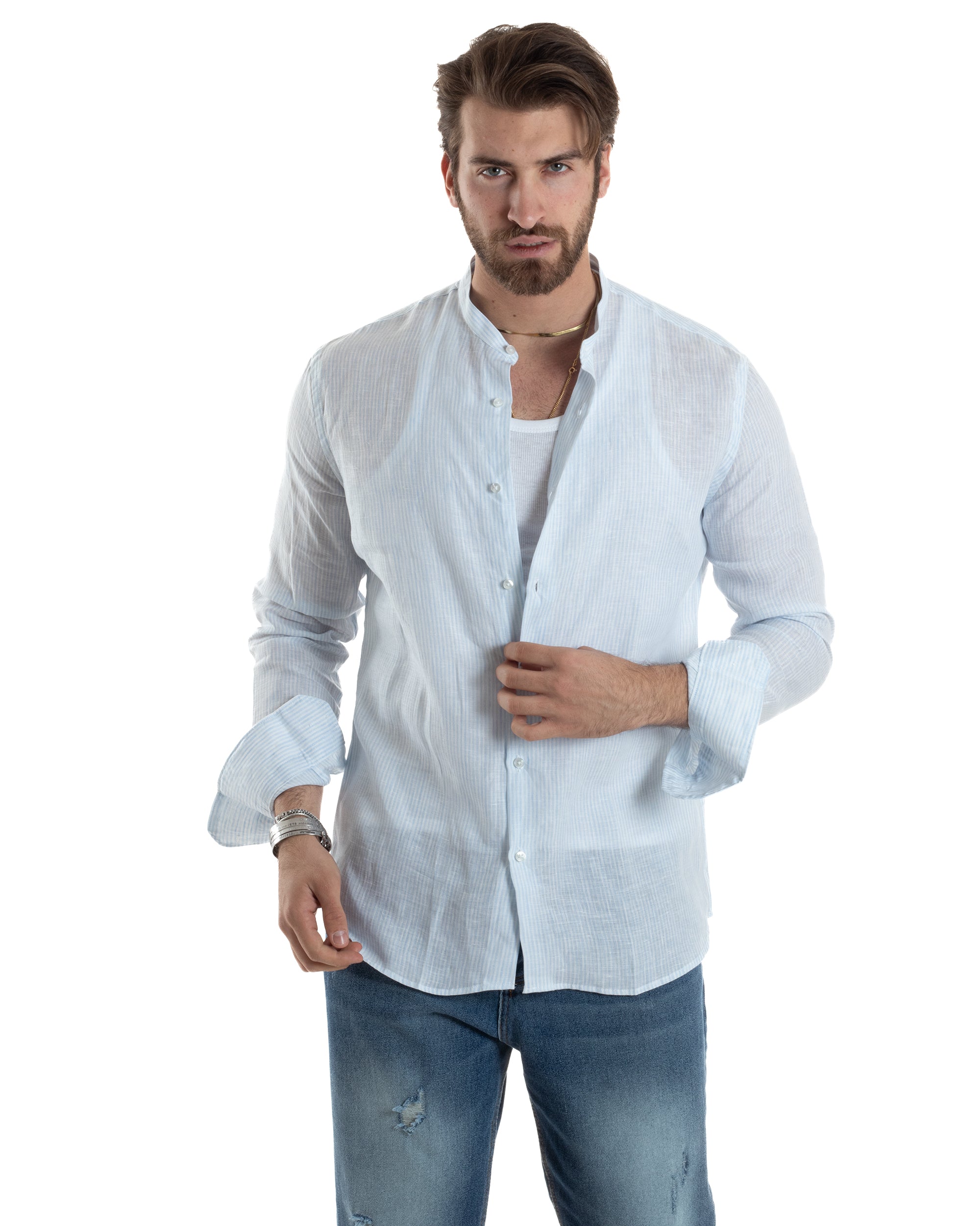 Camicia Uomo Lino Collo Coreano Maniche Lunghe Regular Fit Riga Stretta Celeste GIOSAL-C2862A
