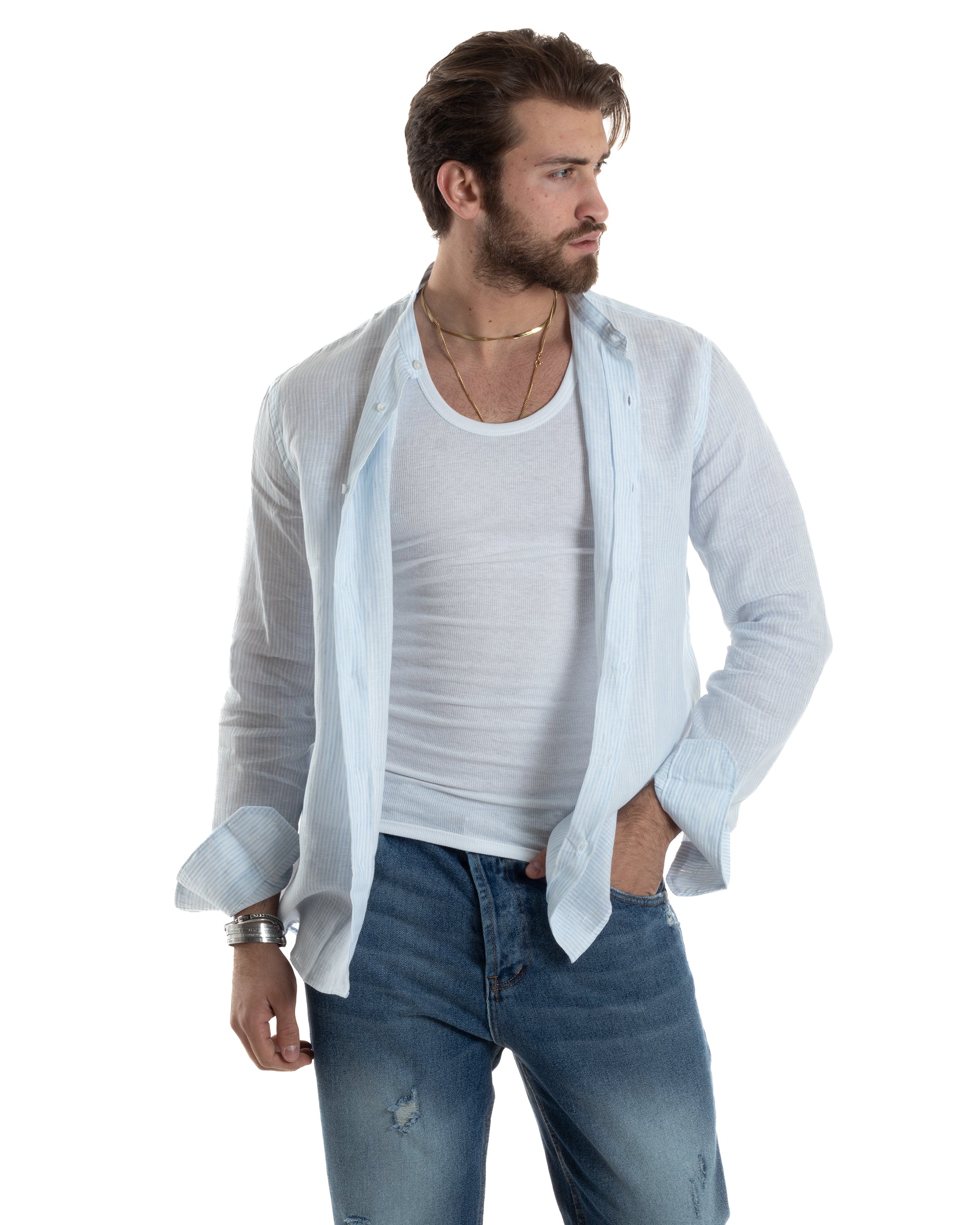 Camicia Uomo Lino Collo Coreano Maniche Lunghe Regular Fit Riga Stretta Celeste GIOSAL-C2862A