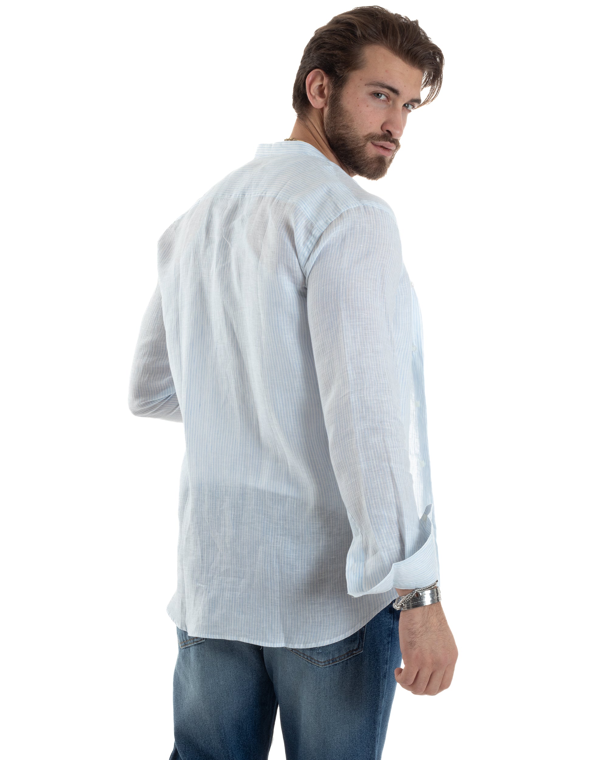 Camicia Uomo Lino Collo Coreano Maniche Lunghe Regular Fit Riga Stretta Celeste GIOSAL-C2862A