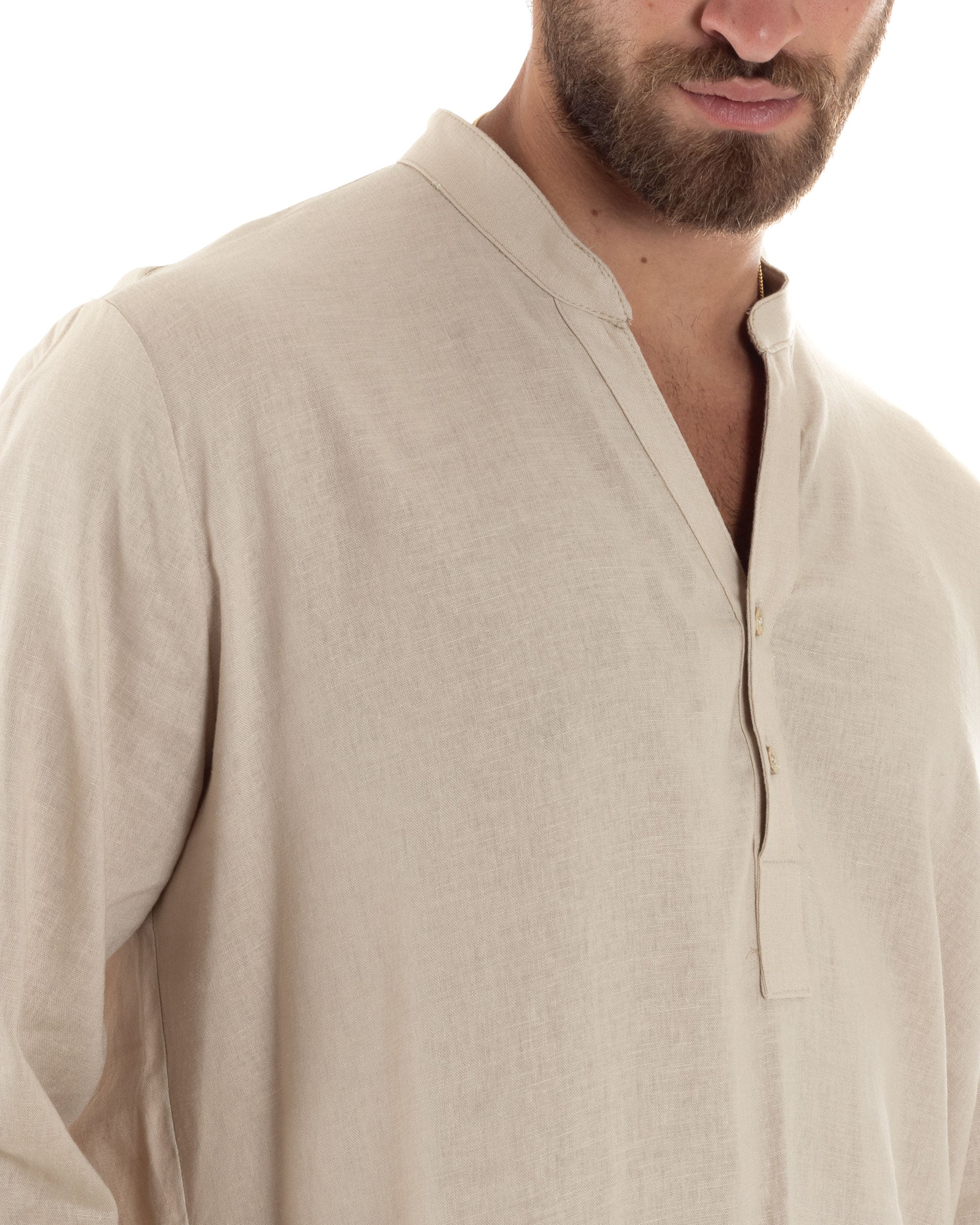 Camicia Maniche Lunghe Uomo Lino Regular Fit Collo Serafino Alla Coreana Casual Tinta Unita Beige GIOSAL-C2864A