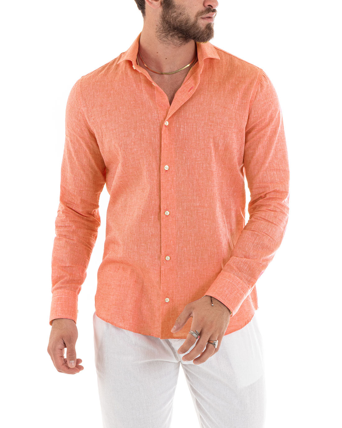 Camicia Uomo Lino Melangiata Colletto Francese Sartoriale Arancione GIOSAL-C2876A