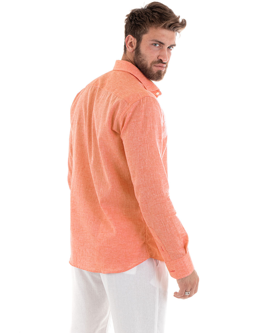 Camicia Uomo Lino Melangiata Colletto Francese Sartoriale Arancione GIOSAL-C2876A