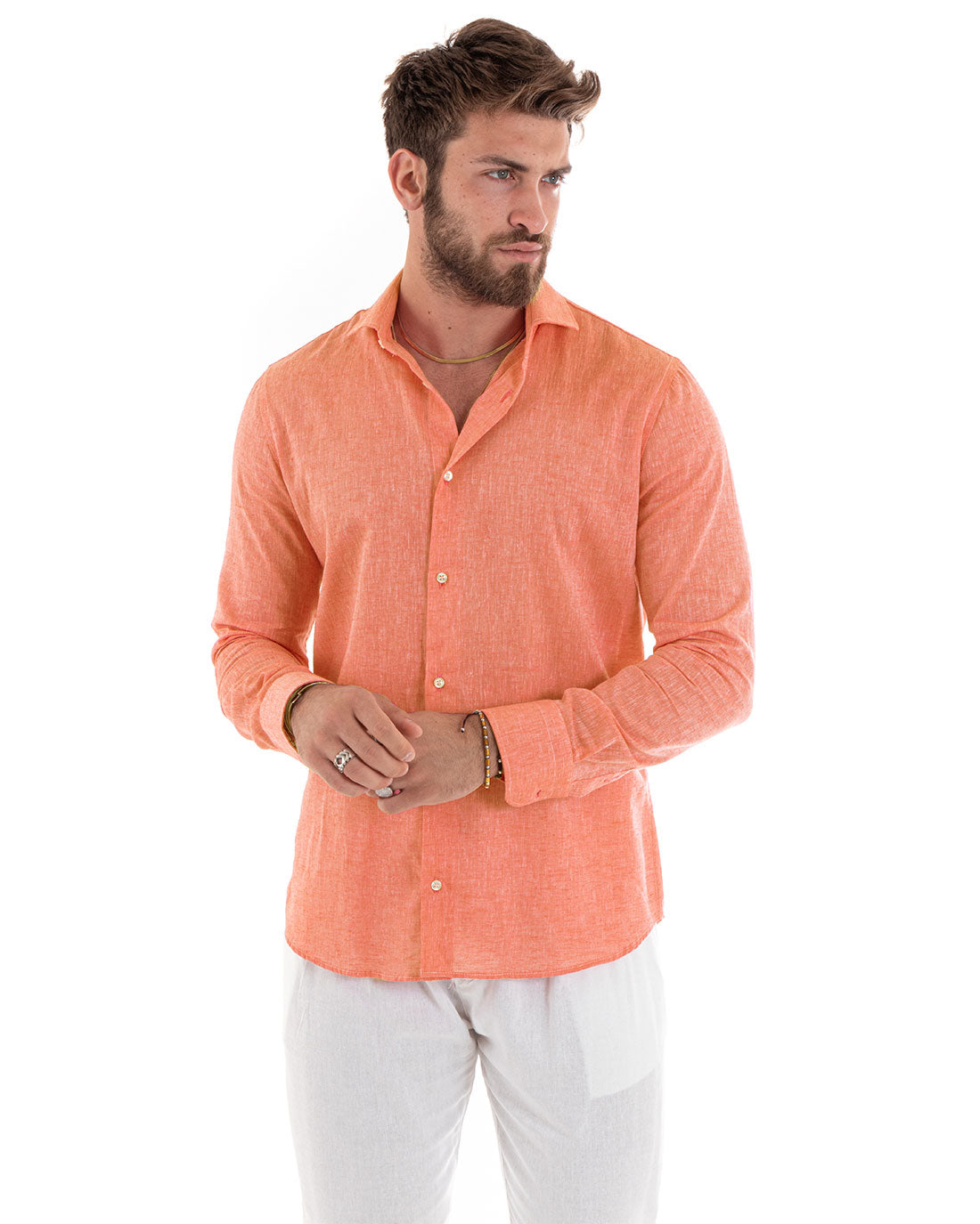 Camicia Uomo Lino Melangiata Colletto Francese Sartoriale Arancione GIOSAL-C2876A