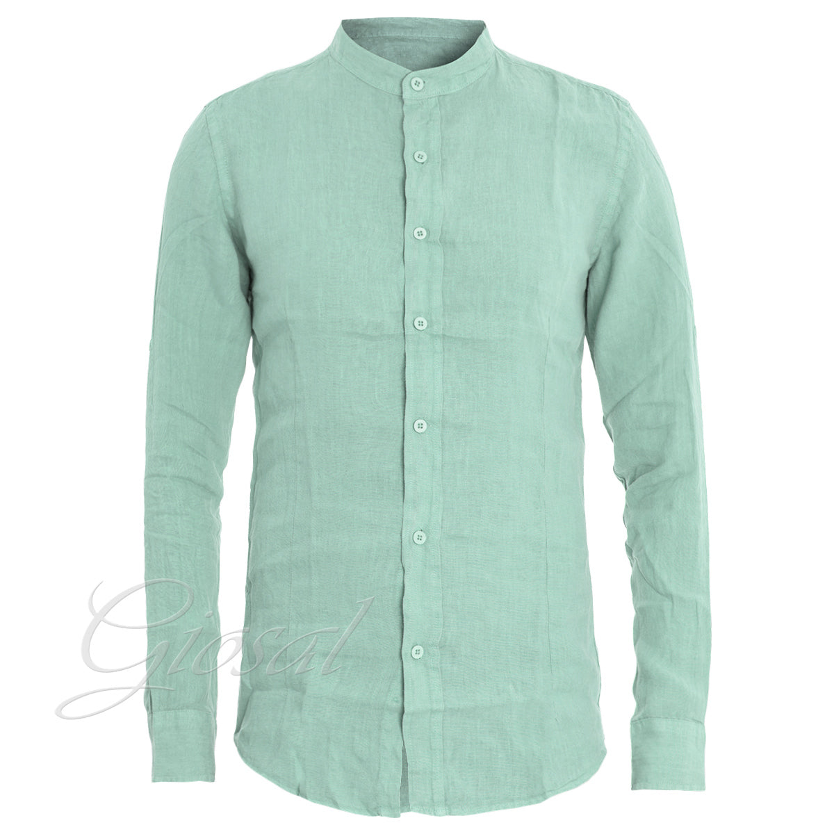 Camicia Uomo Collo Coreano Slim Fit Lino Tinta Unita Maniche Lunghe Verde Acqua GIOSAL-C2887A