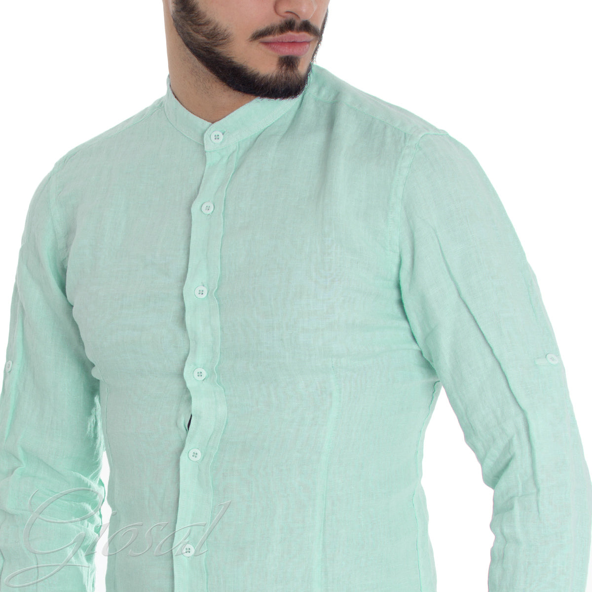 Camicia Uomo Collo Coreano Slim Fit Lino Tinta Unita Maniche Lunghe Verde Acqua GIOSAL-C2887A