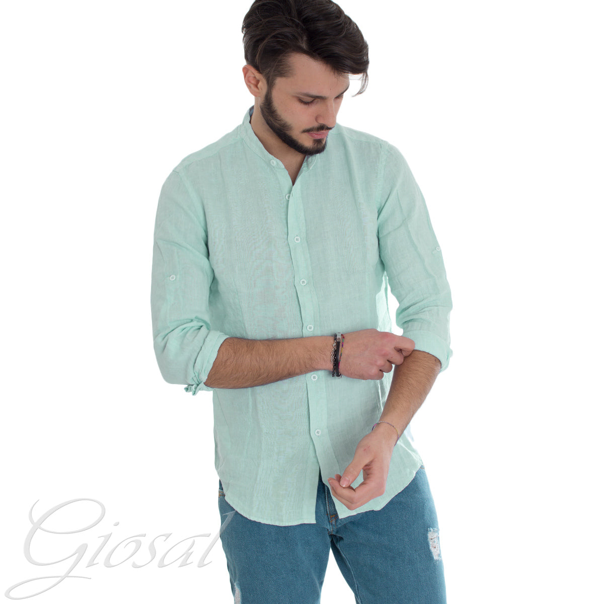 Camicia Uomo Collo Coreano Slim Fit Lino Tinta Unita Maniche Lunghe Verde Acqua GIOSAL-C2887A