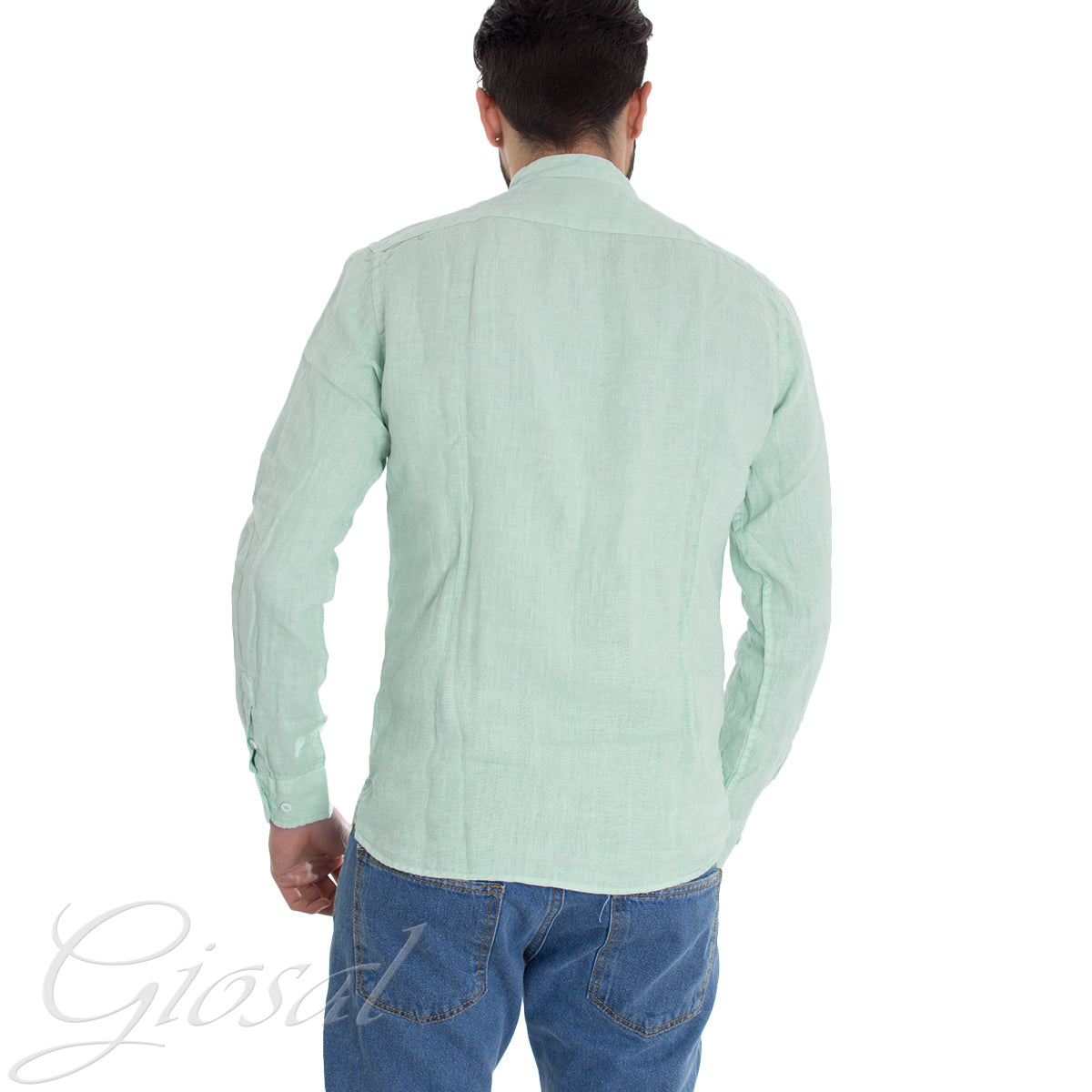 Camicia Uomo Collo Coreano Slim Fit Lino Tinta Unita Maniche Lunghe Verde Acqua GIOSAL-C2887A