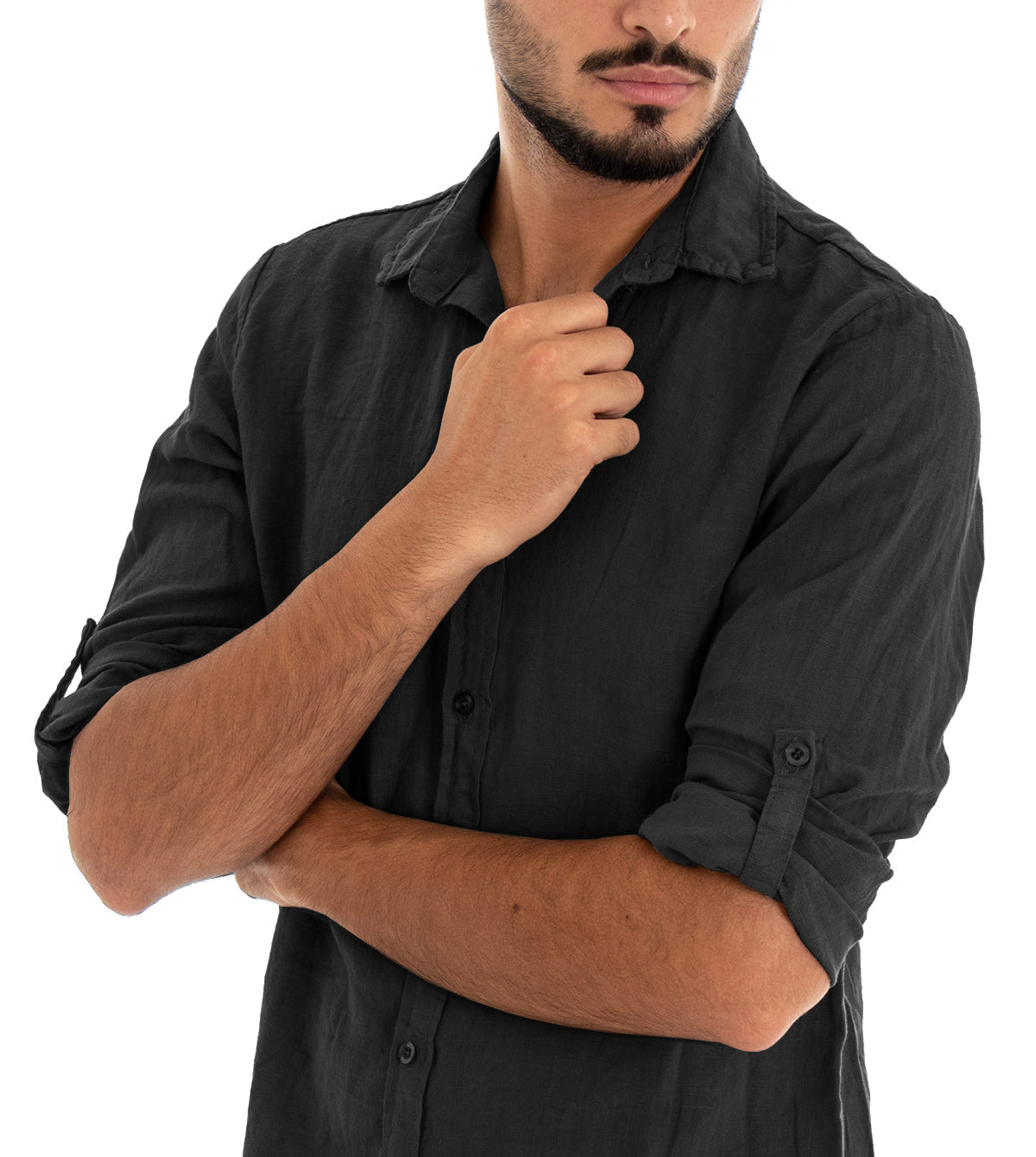 Camicia Uomo Con Colletto Slim Fit Lino Tinta Unita Maniche Lunghe Nero GIOSAL-C2889A