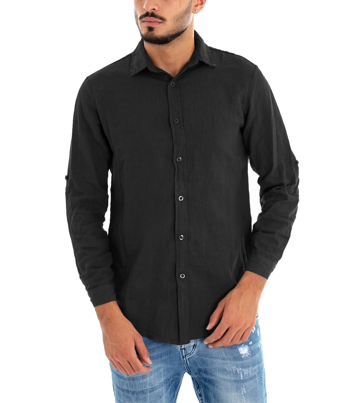 Camicia Uomo Con Colletto Slim Fit Lino Tinta Unita Maniche Lunghe Nero GIOSAL-C2889A