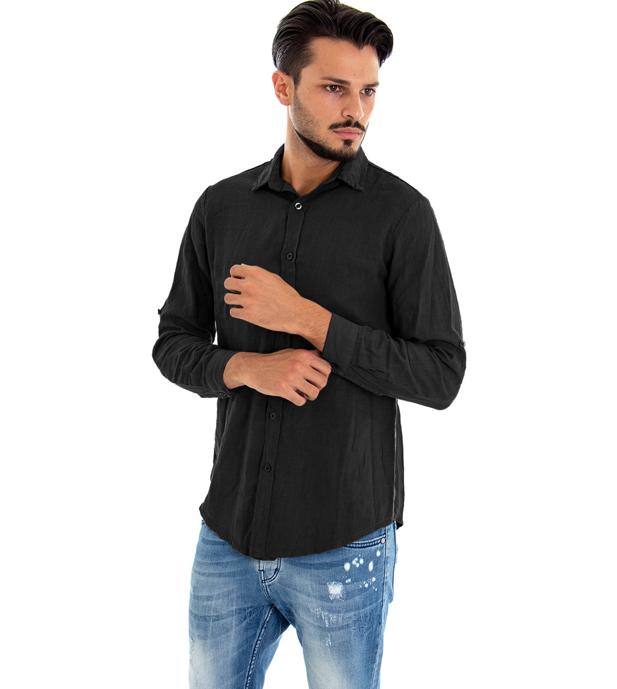 Camicia Uomo Con Colletto Slim Fit Lino Tinta Unita Maniche Lunghe Nero GIOSAL-C2889A