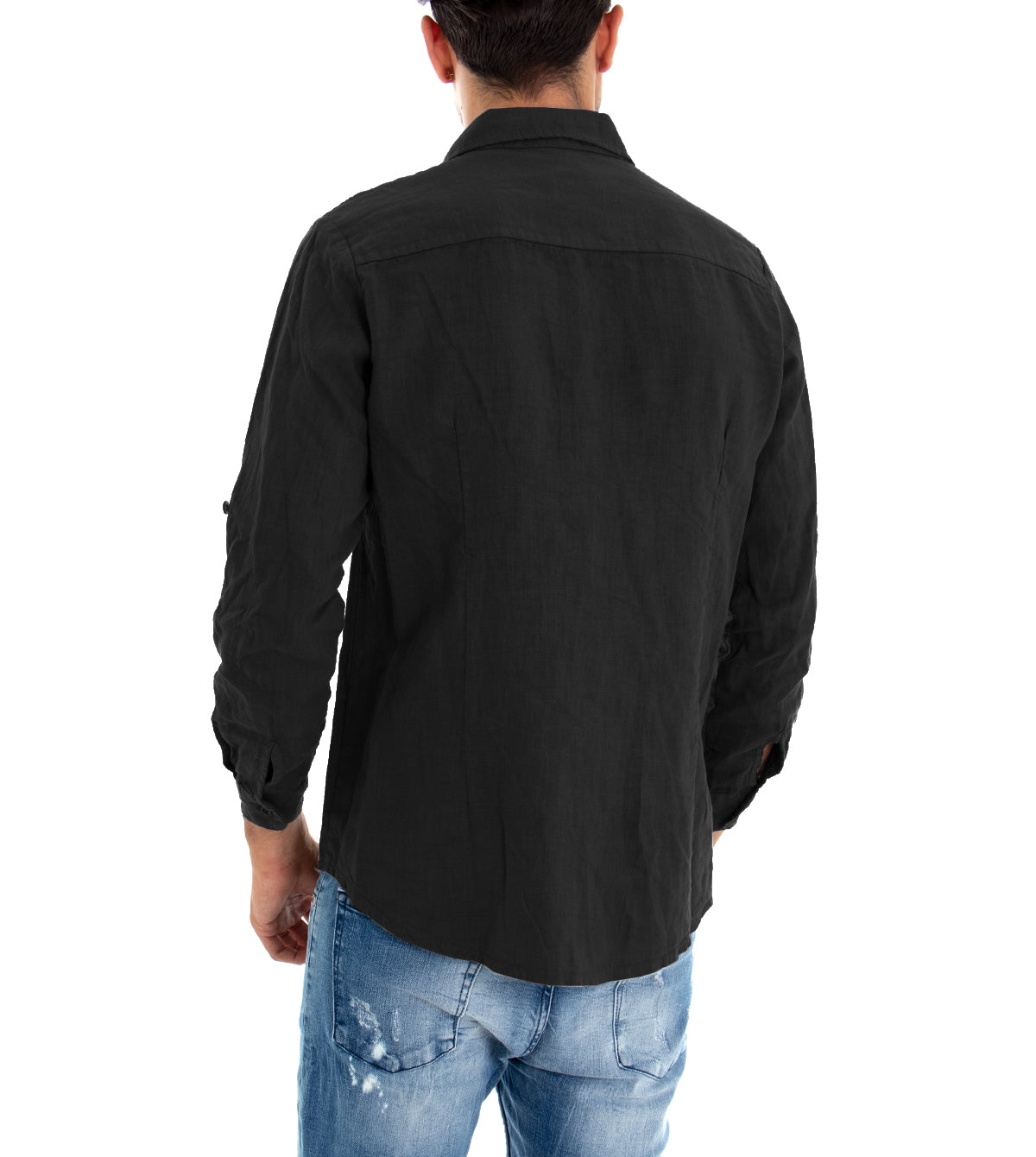 Camicia Uomo Con Colletto Slim Fit Lino Tinta Unita Maniche Lunghe Nero GIOSAL-C2889A