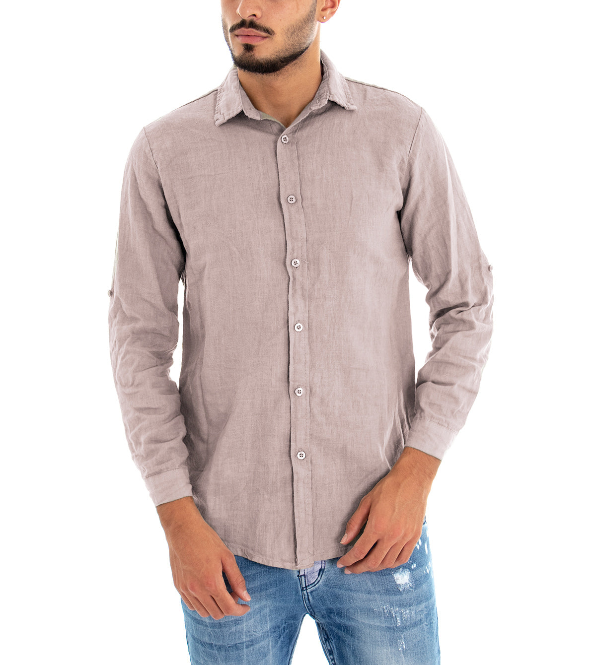 Camicia Uomo Con Colletto Slim Fit Lino Tinta Unita Maniche Lunghe Rosa GIOSAL-C2892A