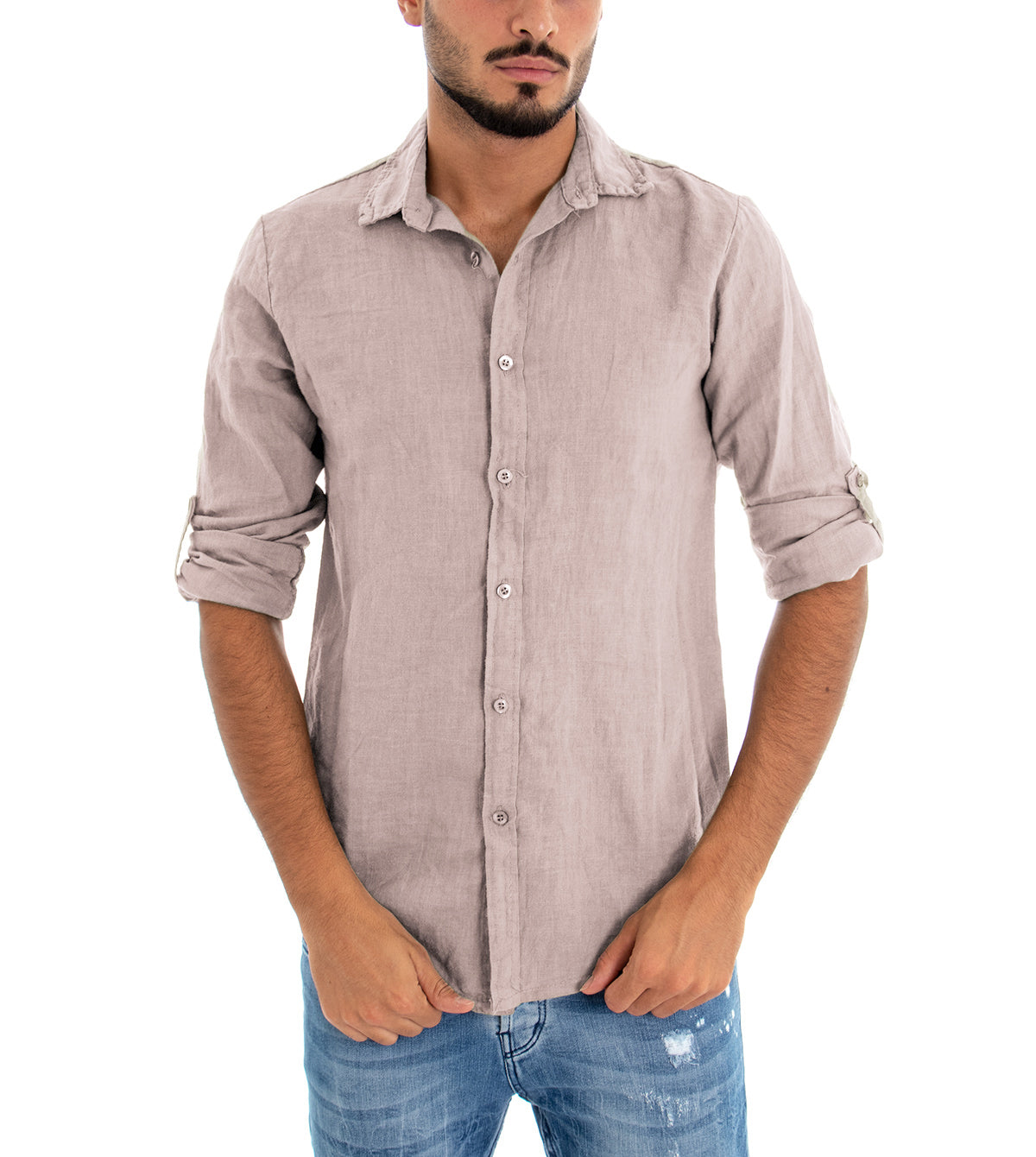 Camicia Uomo Con Colletto Slim Fit Lino Tinta Unita Maniche Lunghe Rosa GIOSAL-C2892A
