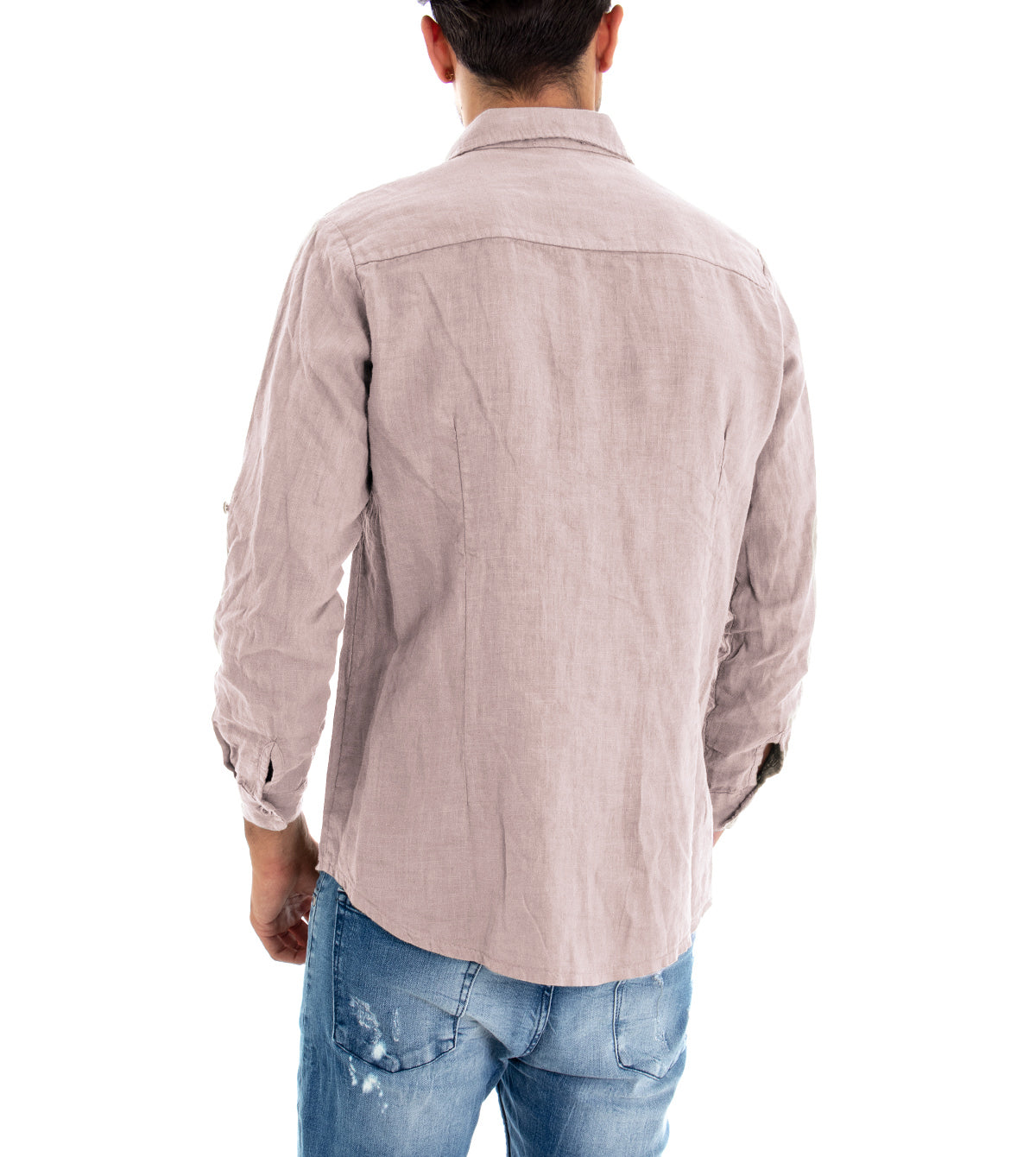 Camicia Uomo Con Colletto Slim Fit Lino Tinta Unita Maniche Lunghe Rosa GIOSAL-C2892A